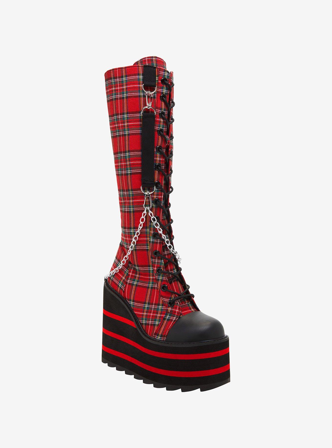 YRU Red Plaid Detention Platform Boots, , hi-res