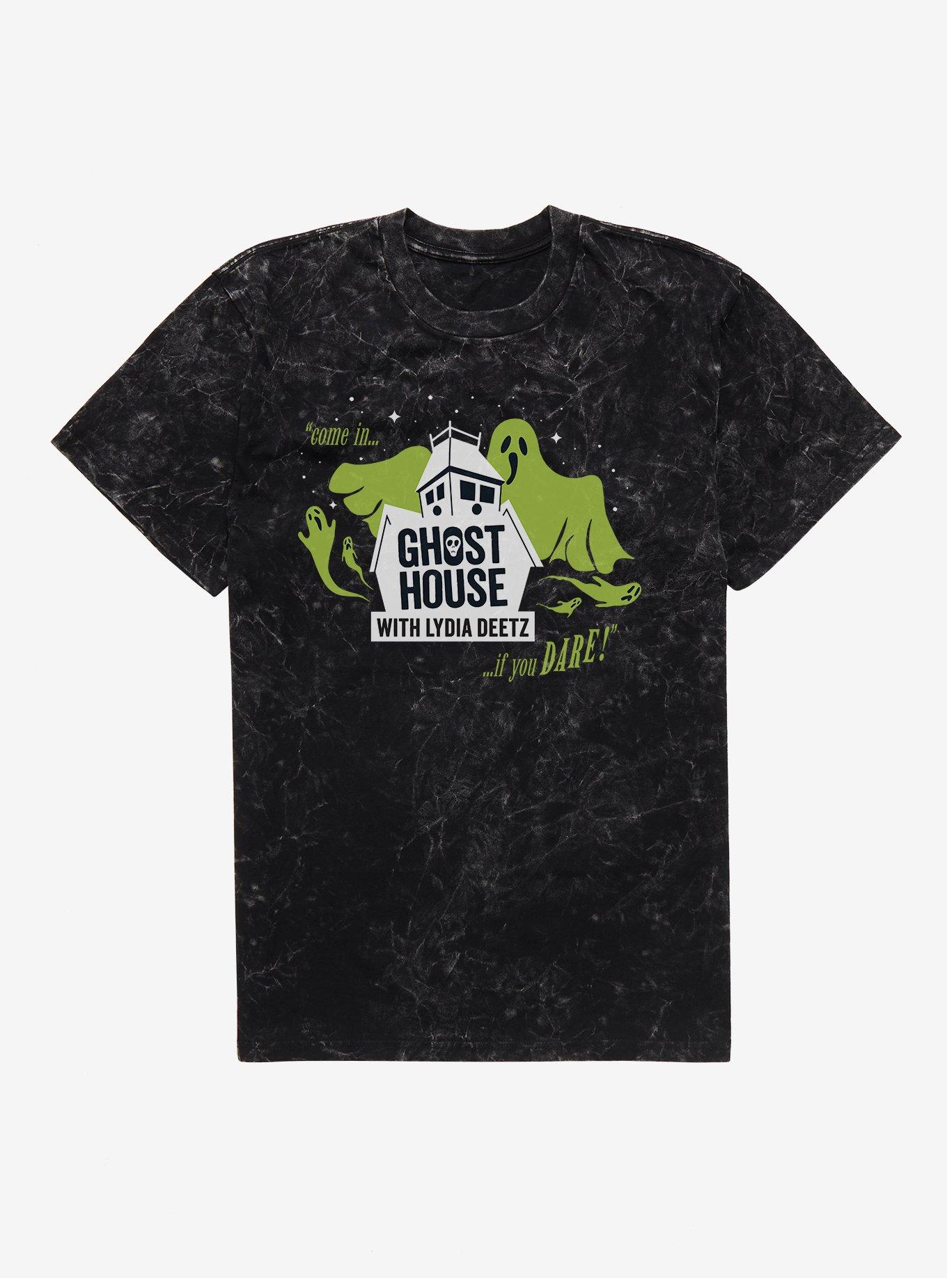 Beetlejuice Beetlejuice Ghost House With Lydia Deetz Mineral Wash T-Shirt, BLACK MINERAL WASH, hi-res