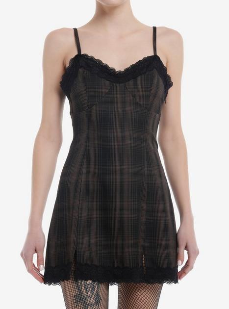 hot topic brown dress Plaid Lace Slit Slip Size:US 8-8.5 / EU 39 contemporary vacation dress Women's Brown Dresses | neckline and tie detailing