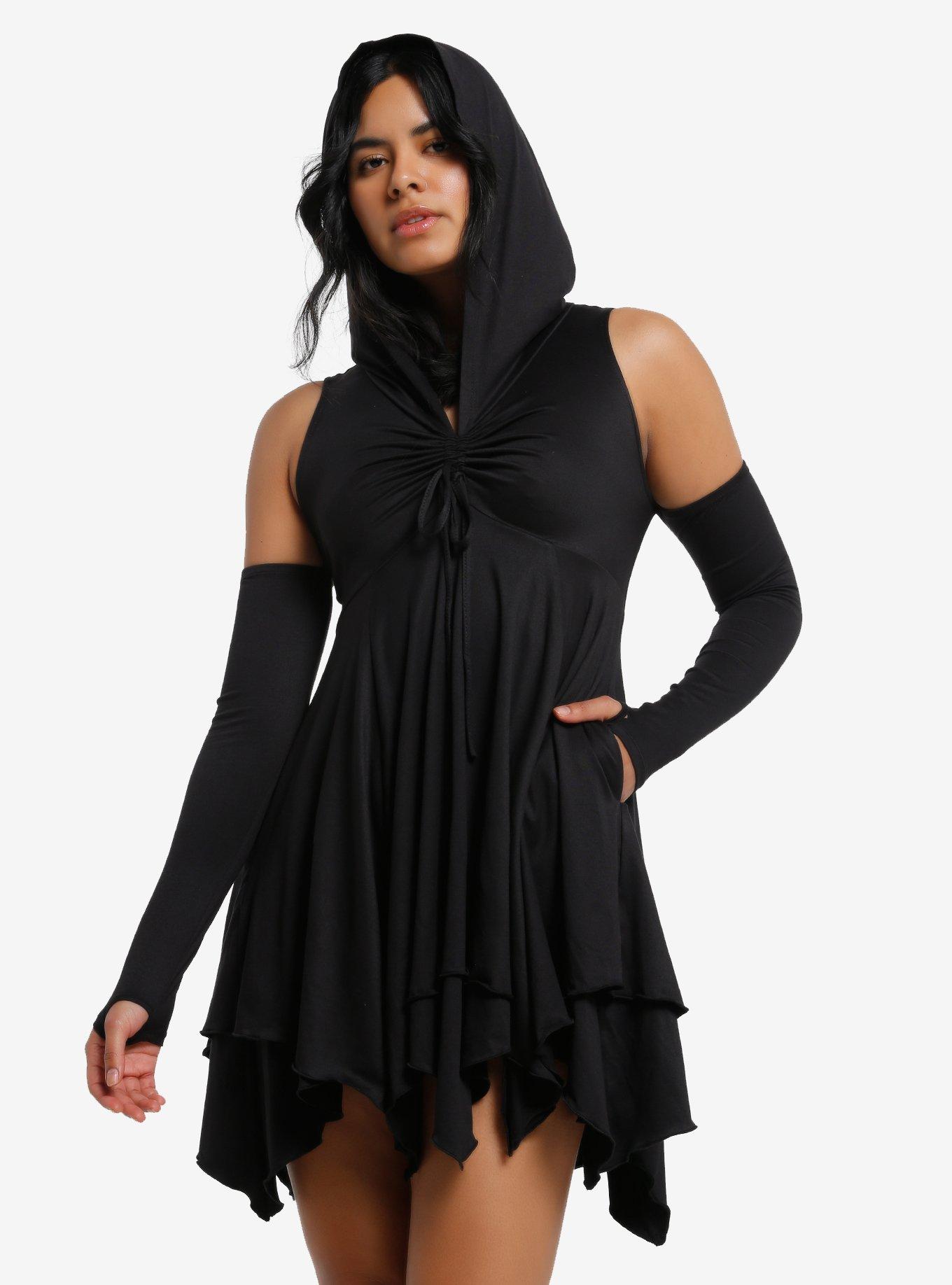 Cosmic Aura Black Hanky Hem Cold Shoulder Hooded Dress, , hi-res