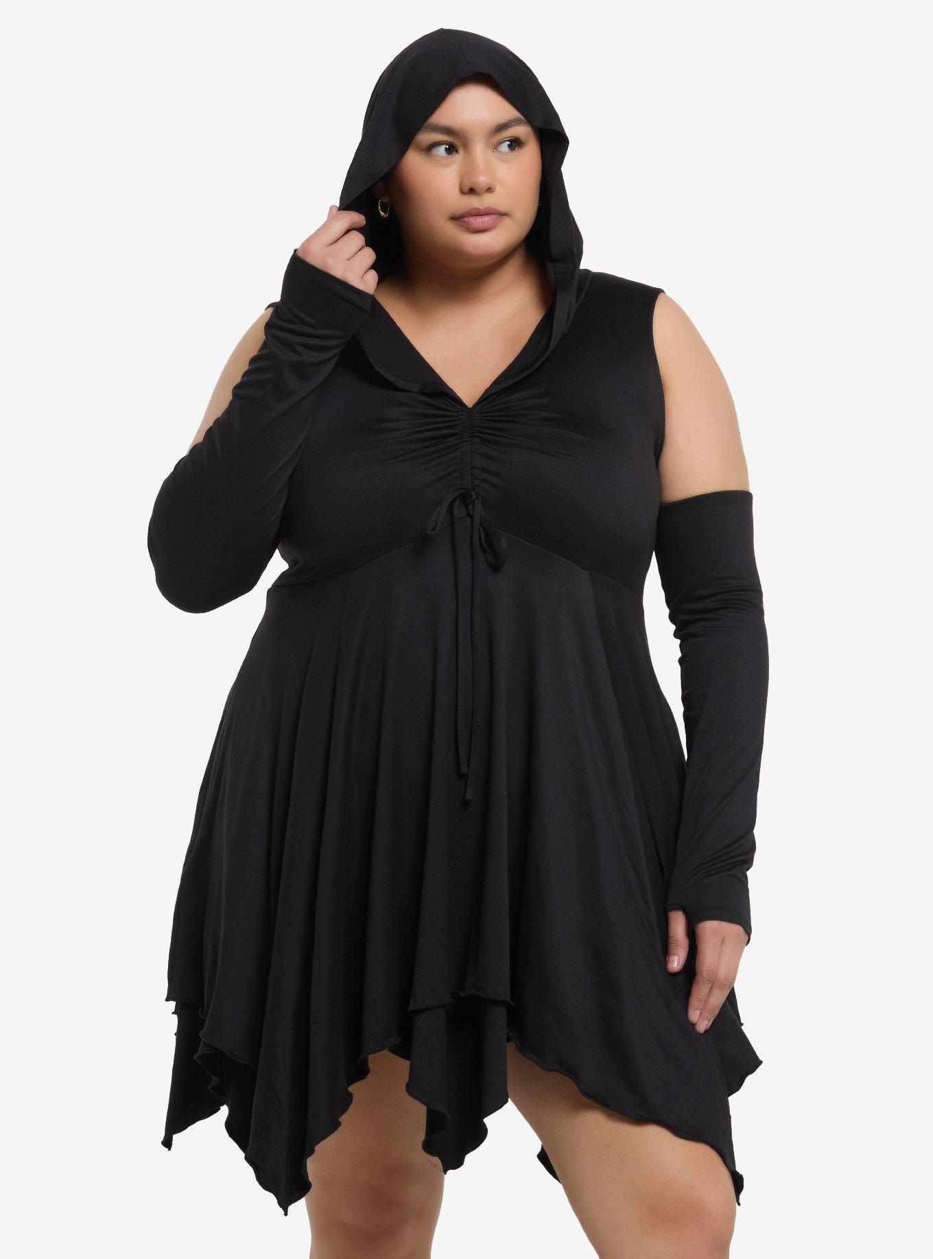 Cosmic Aura Black Hanky Hem Cold Shoulder Hooded Dress Plus Size, , hi-res