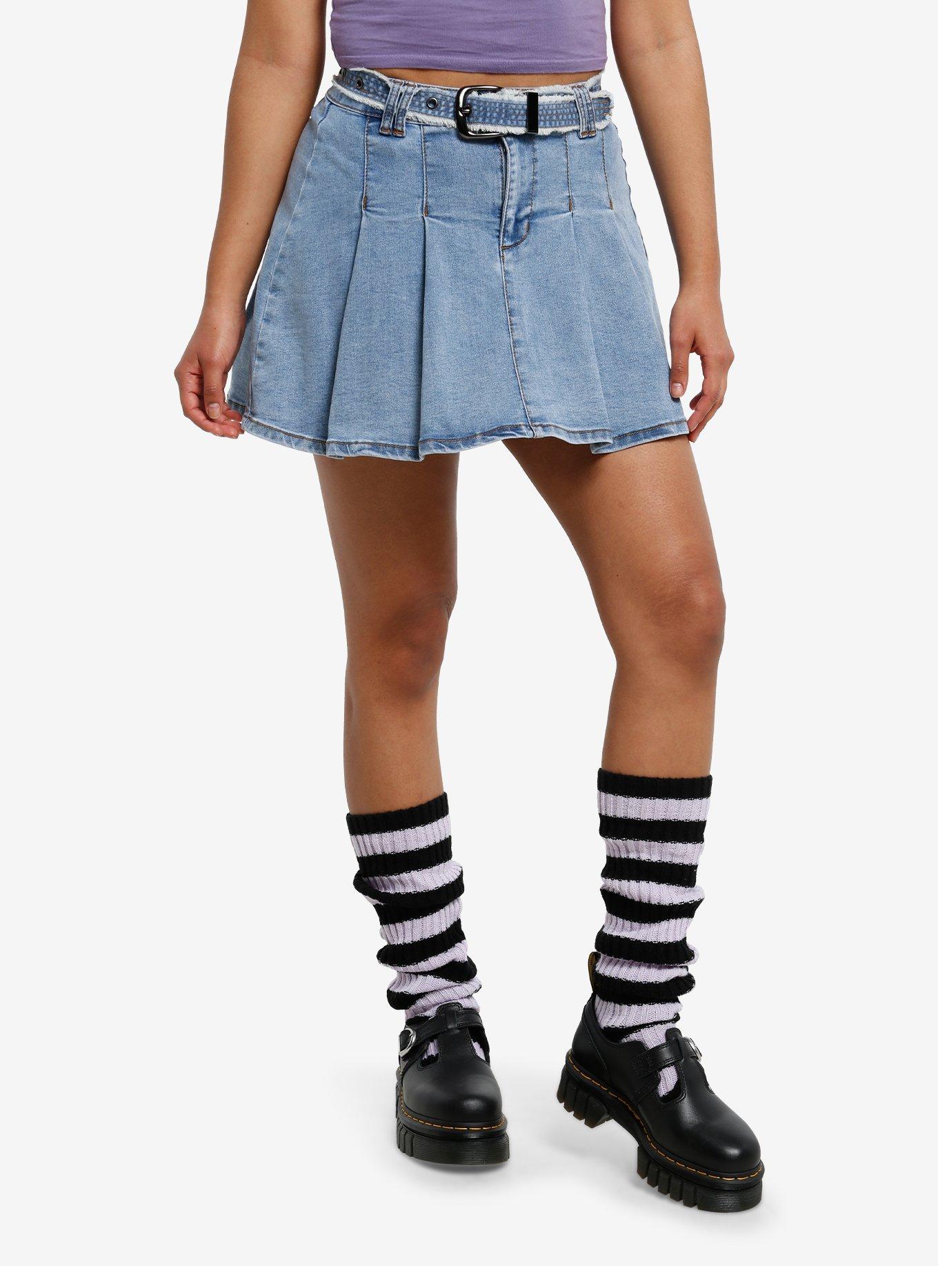 Social Collision Light Indigo Belted Pleated Mini Skirt, , hi-res