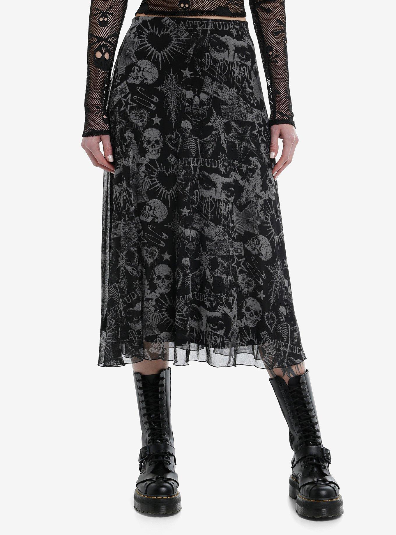 Skulls & Spiked Hearts Mesh Midi Skirt, , hi-res