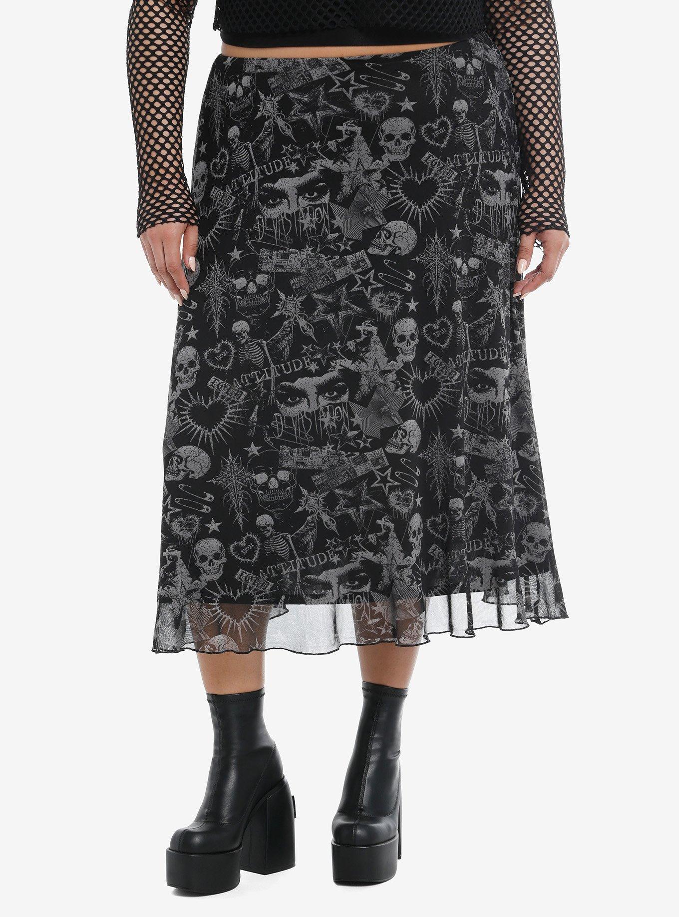 Skulls & Spiked Hearts Mesh Midi Skirt Plus Size, , hi-res