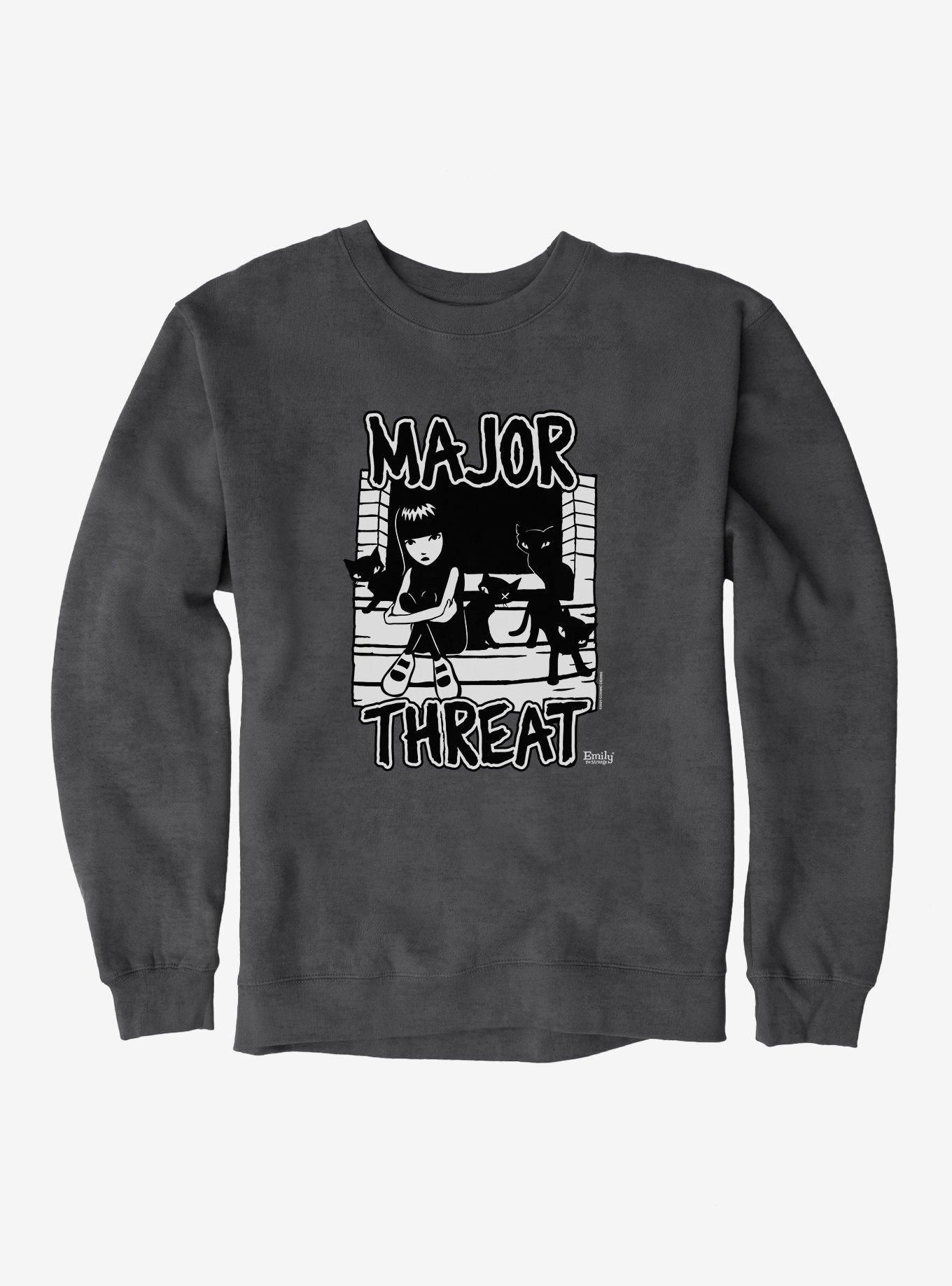 Emily The Strange Major Threat Sweatshirt, DARK HEATHER, hi-res