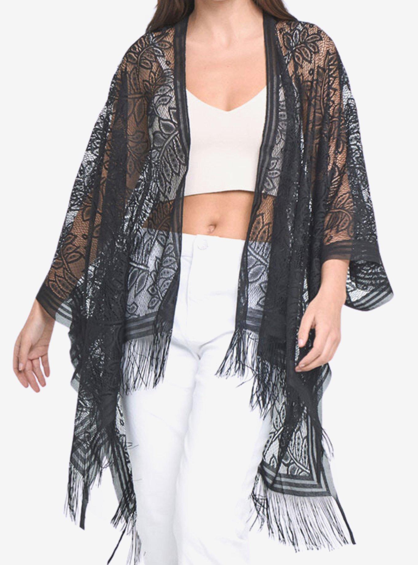 Black Lace Boho Fringe Kimono, , hi-res