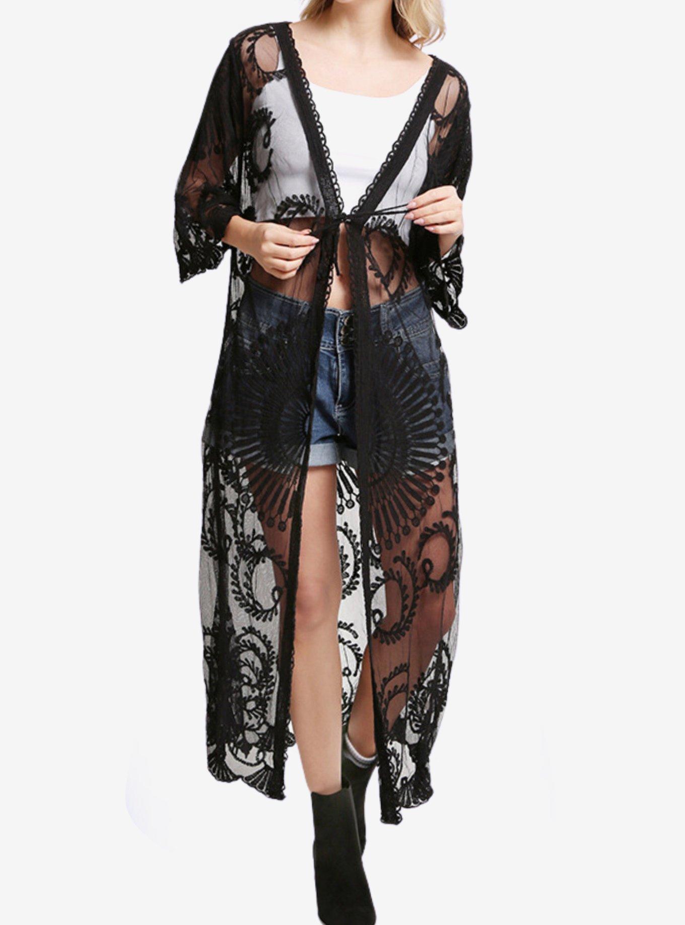 Black Lace Boho Kimono, , hi-res