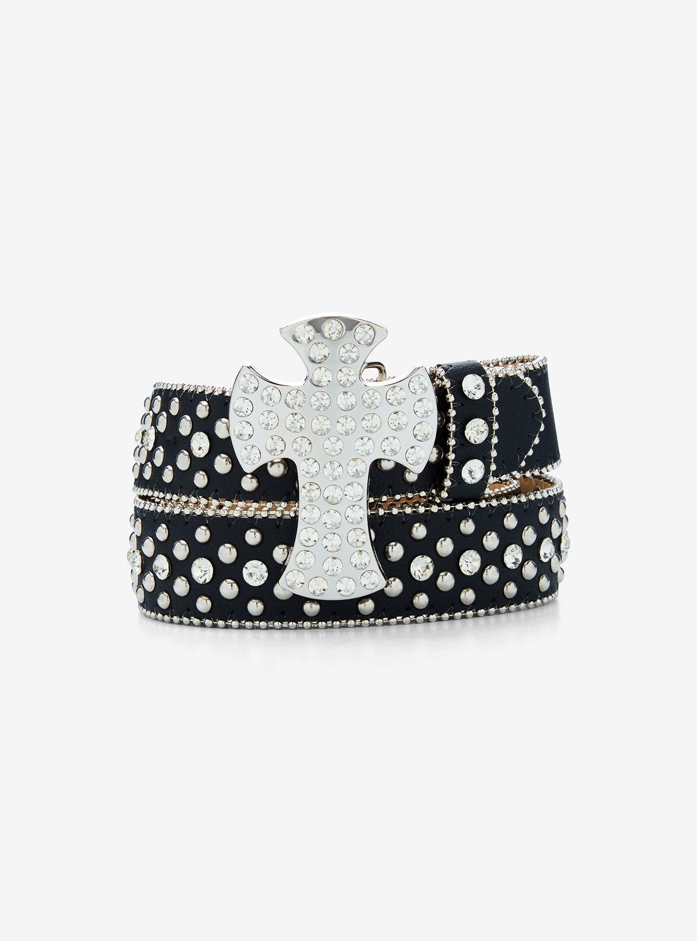 Black & Silver Bling Cross Stud Belt, , hi-res