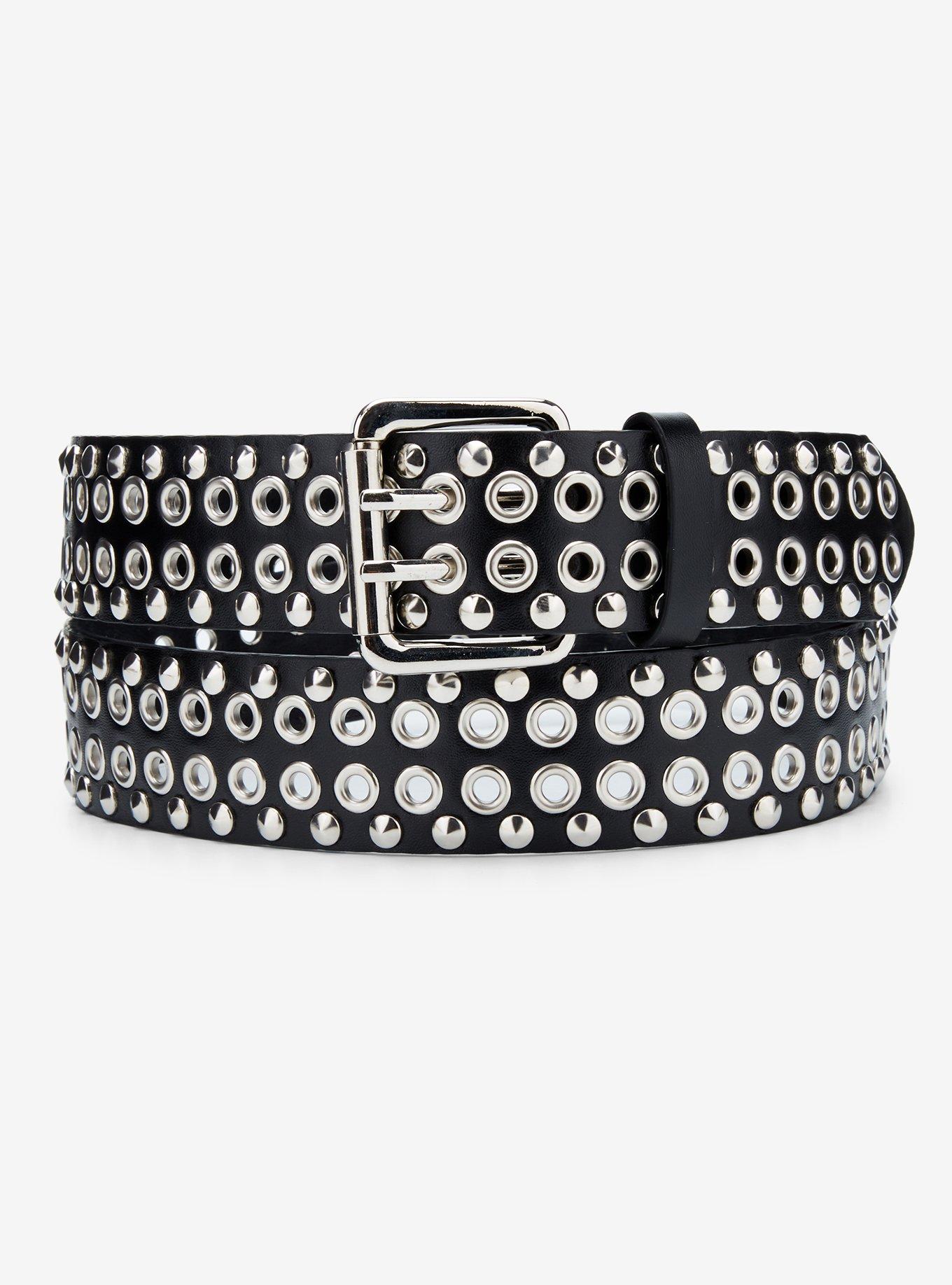 Black & Silver Stud Grommet Belt, , hi-res