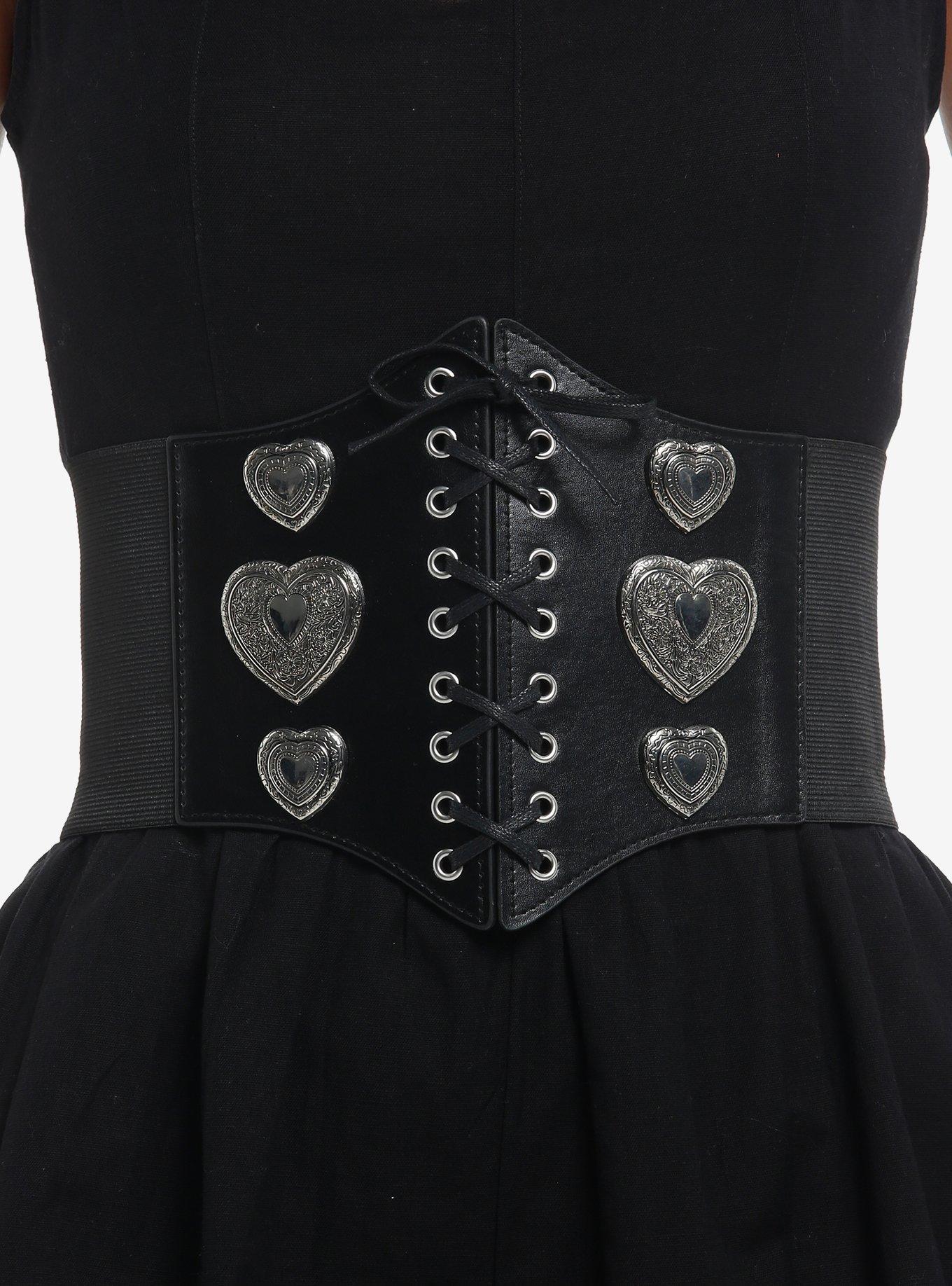 Black & Silver Heart Lace-Up Corset Belt, , hi-res