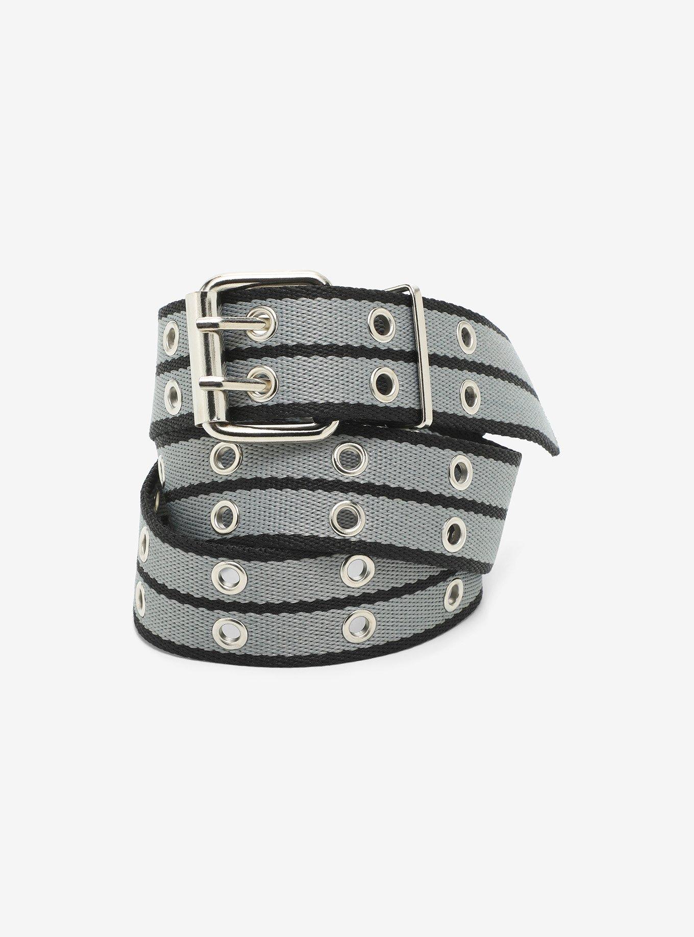 Black & Grey Stripe Grommet Belt, , hi-res
