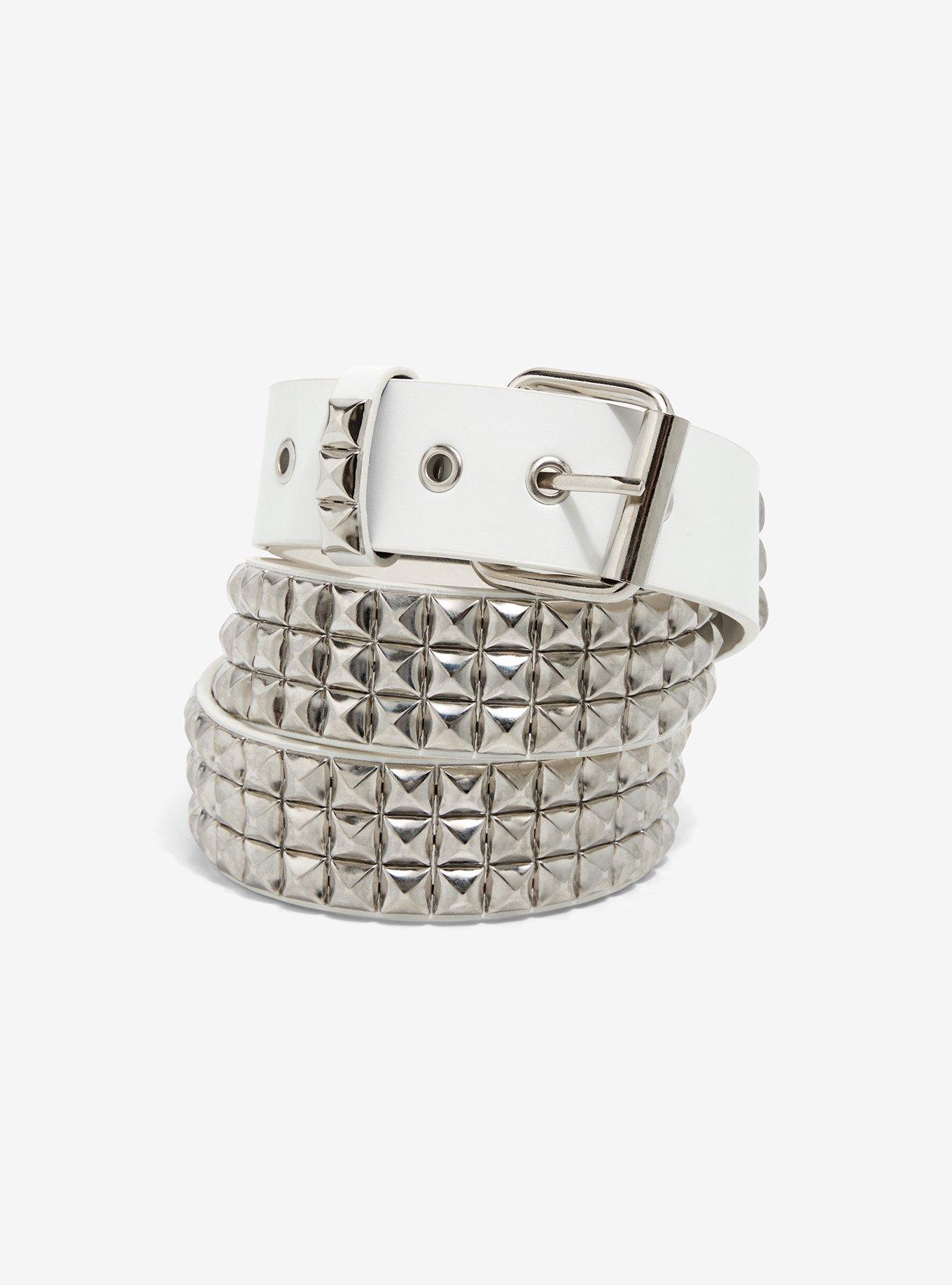 White Three Row Pyramid Stud Belt, , hi-res