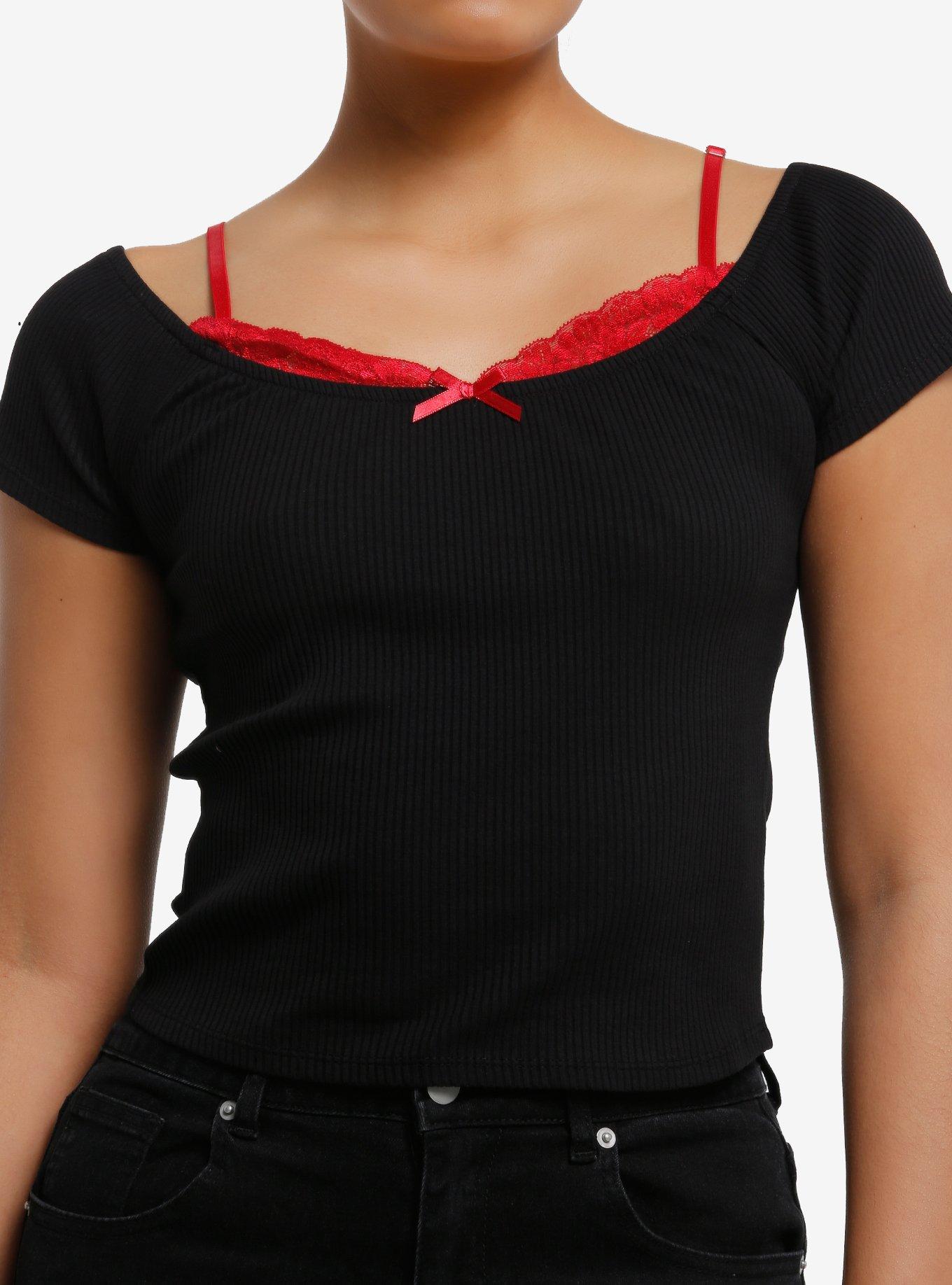 Thorn & Fable Black & Red Lace Off-Shoulder Girls Crop Top, , hi-res