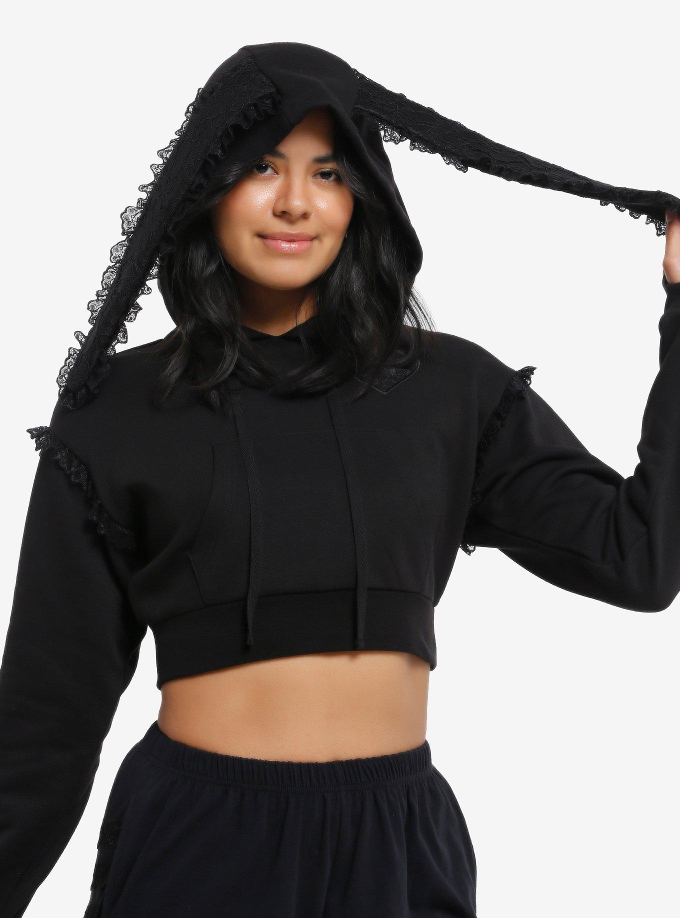 Black Bunny Ears Girls Crop Hoodie, , hi-res