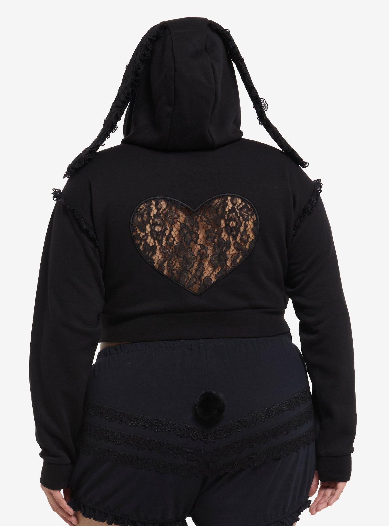 Black Bunny Ears Girls Crop Hoodie Plus Size, , hi-res