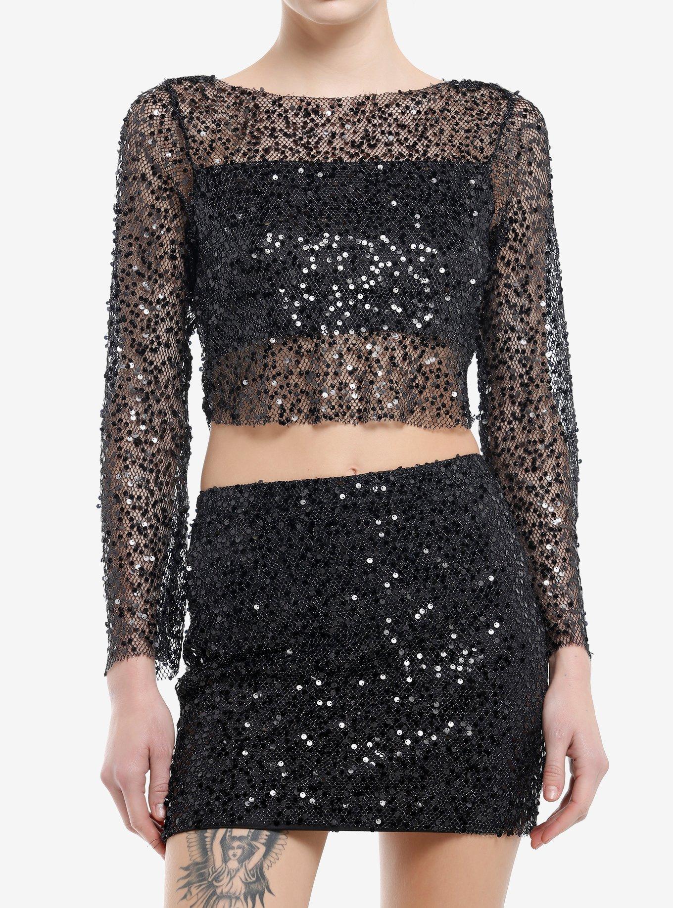 Black Sequin Girls Long-Sleeve Top & Skirt Set, , hi-res