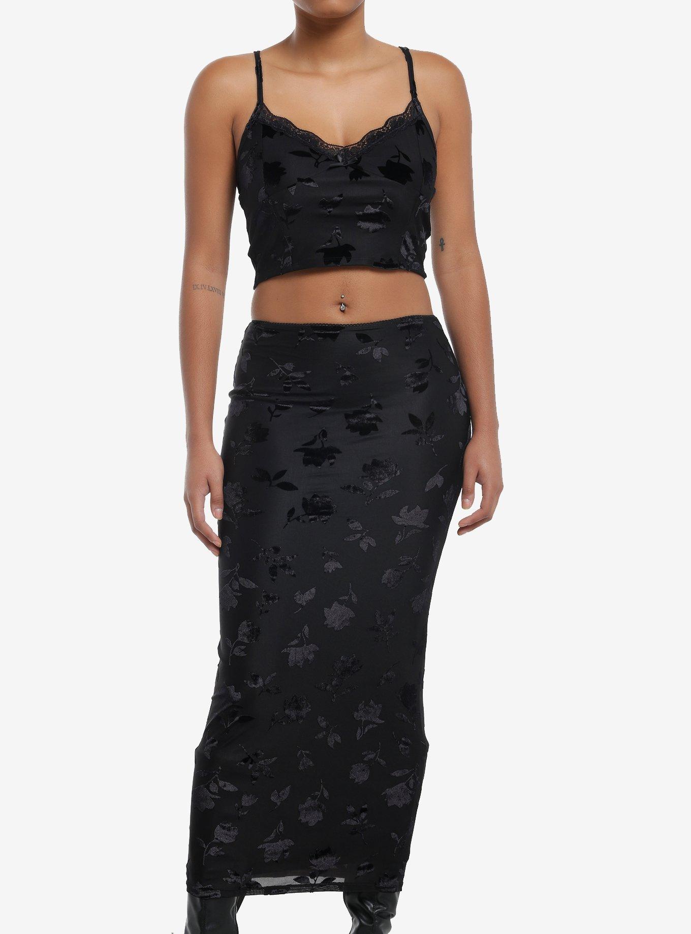 Black Floral Velvet Cami & Skirt Set, , hi-res