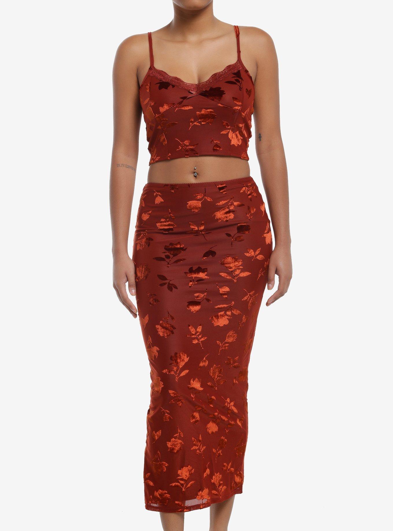 Rust Floral Velvet Cami & Skirt Set, , hi-res