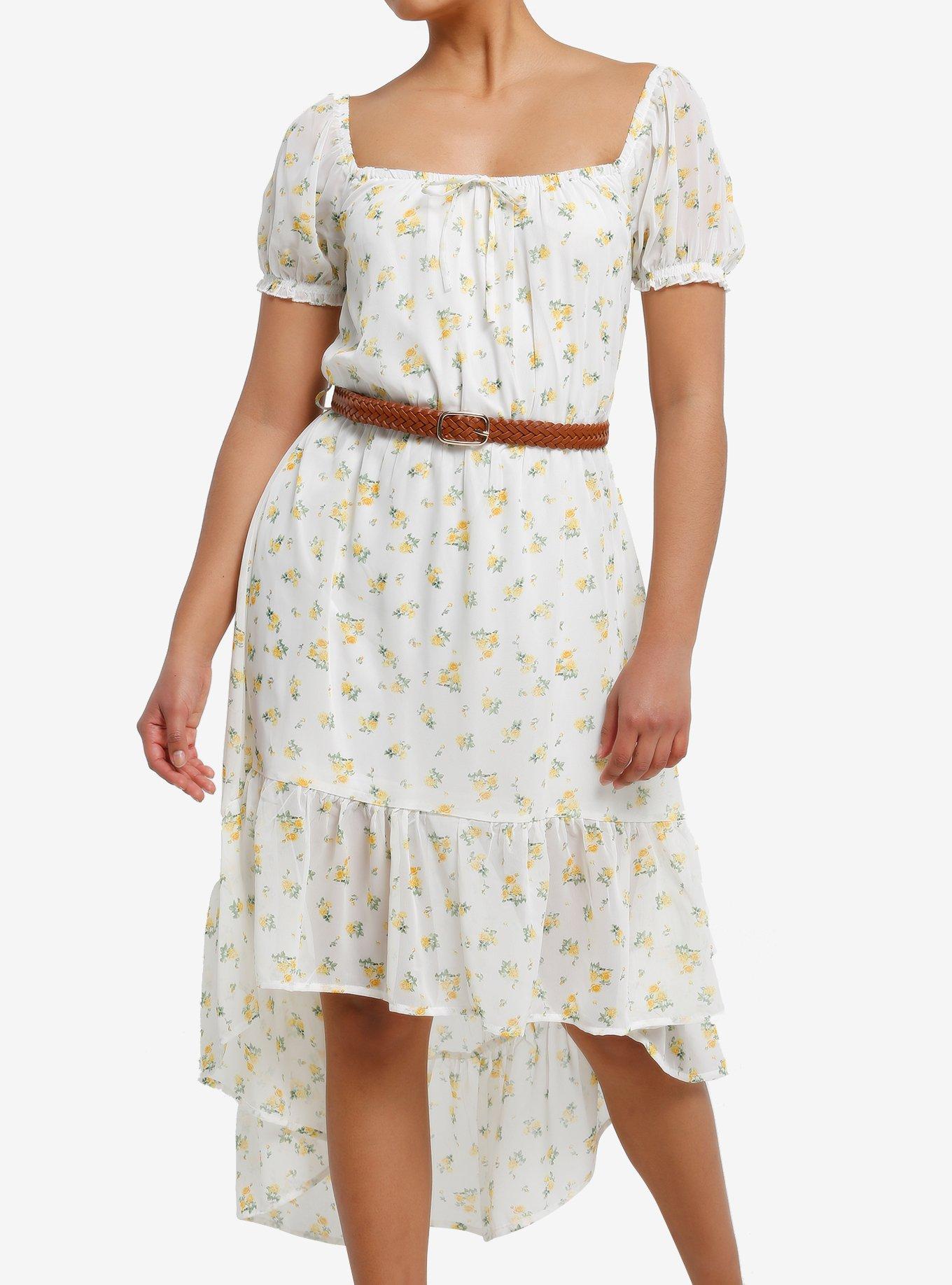 Yellow Floral Ditsy Belted Hi-Low Dress, , hi-res