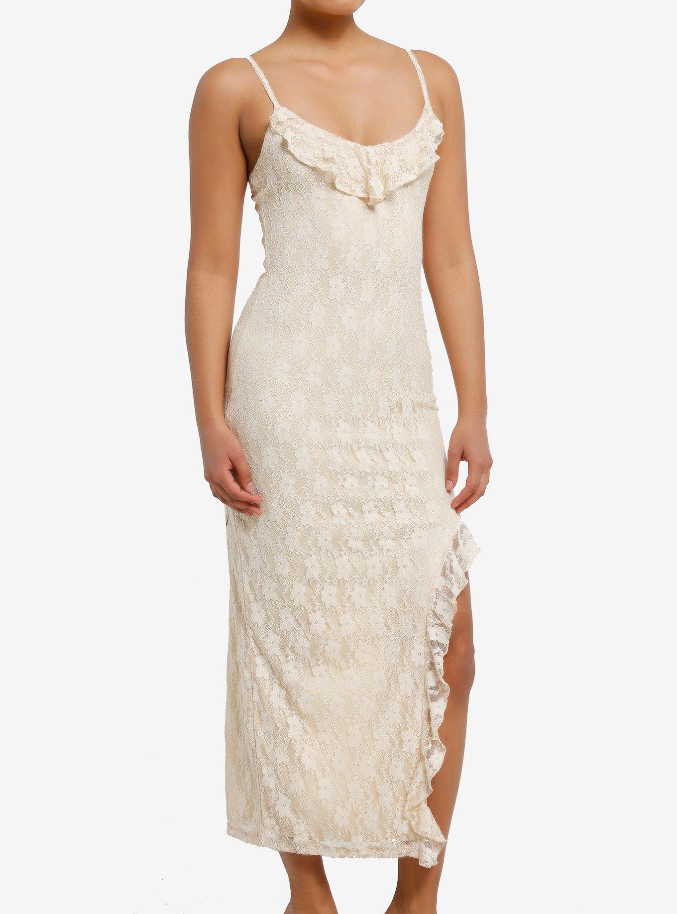 Cream Ruffle Lace Slit Midi Dress, , hi-res