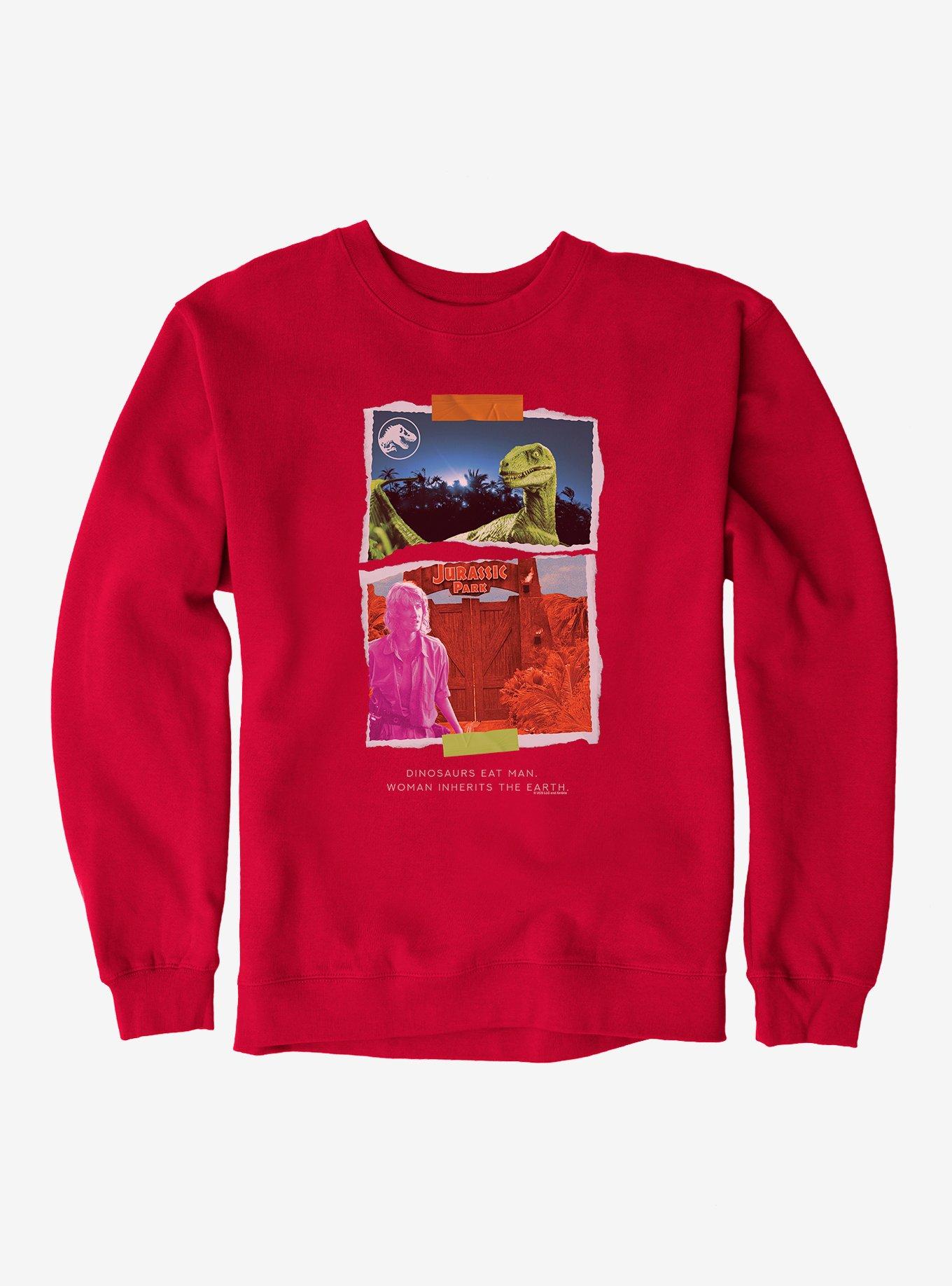 Jurassic Park Dinosaurs Eat Man Woman Inherits The Earth Sweatshirt, RED, hi-res