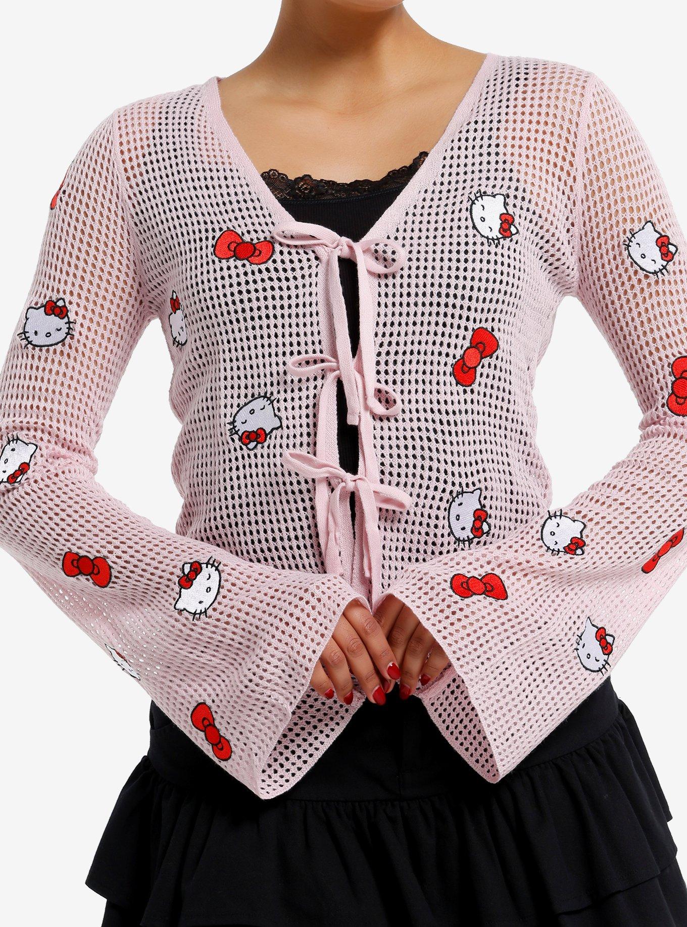 Hello Kitty Bow Tie-Front Girls Knit Long-Sleeve Top, , hi-res