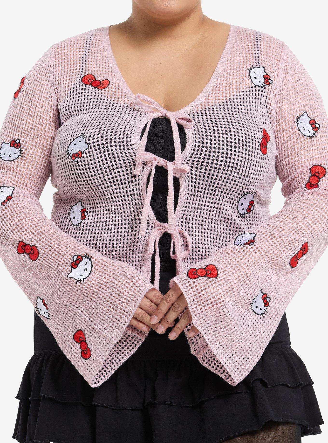 Hello Kitty Bow Tie-Front Girls Knit Long-Sleeve Top Plus Size, , hi-res