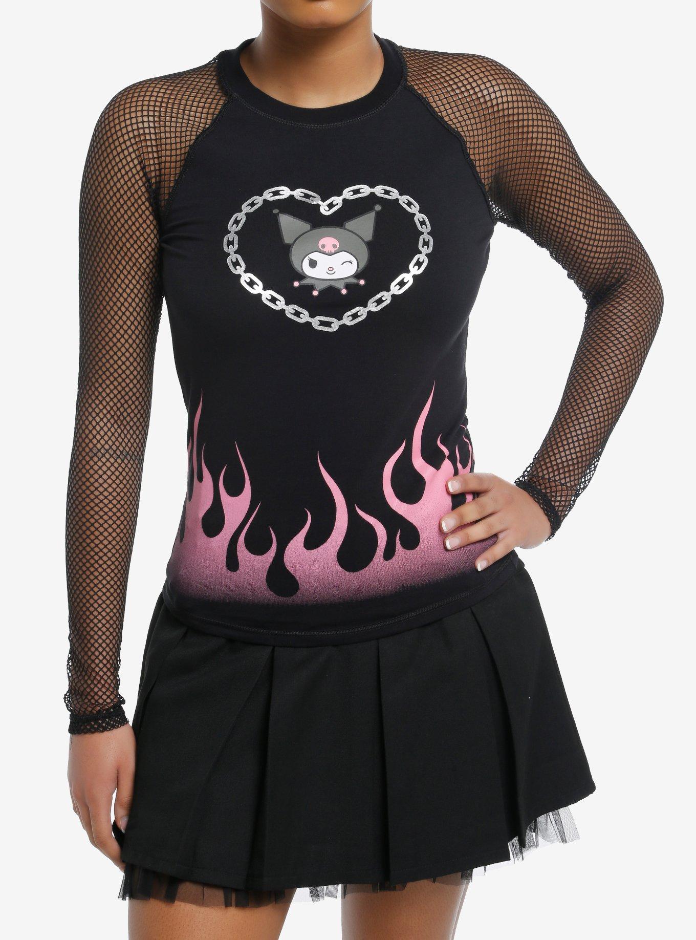 Kuromi Fishnet Girls Raglan Long-Sleeve Top, , hi-res