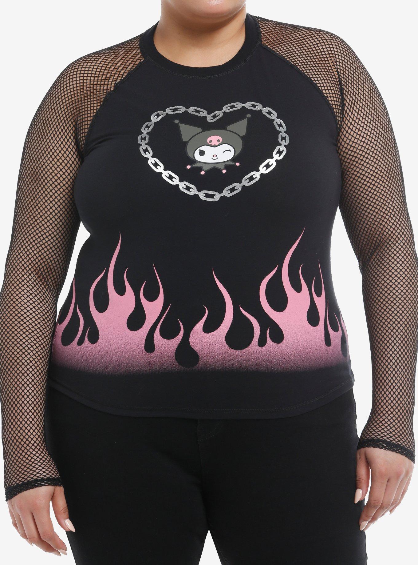 Kuromi Fishnet Girls Raglan Long-Sleeve Top Plus Size, , hi-res