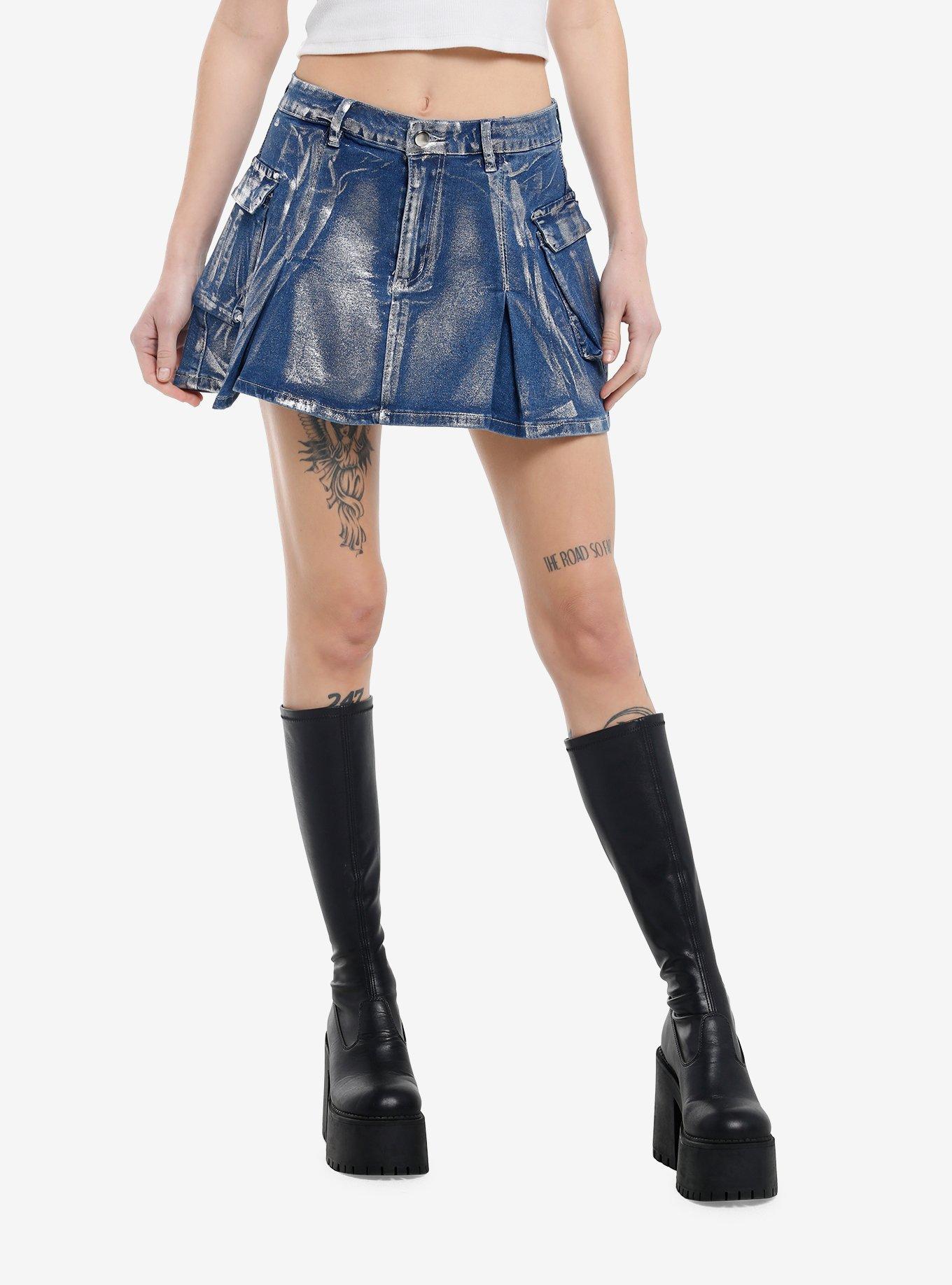 Silver Coated Blue Denim Cargo Skirt, , hi-res