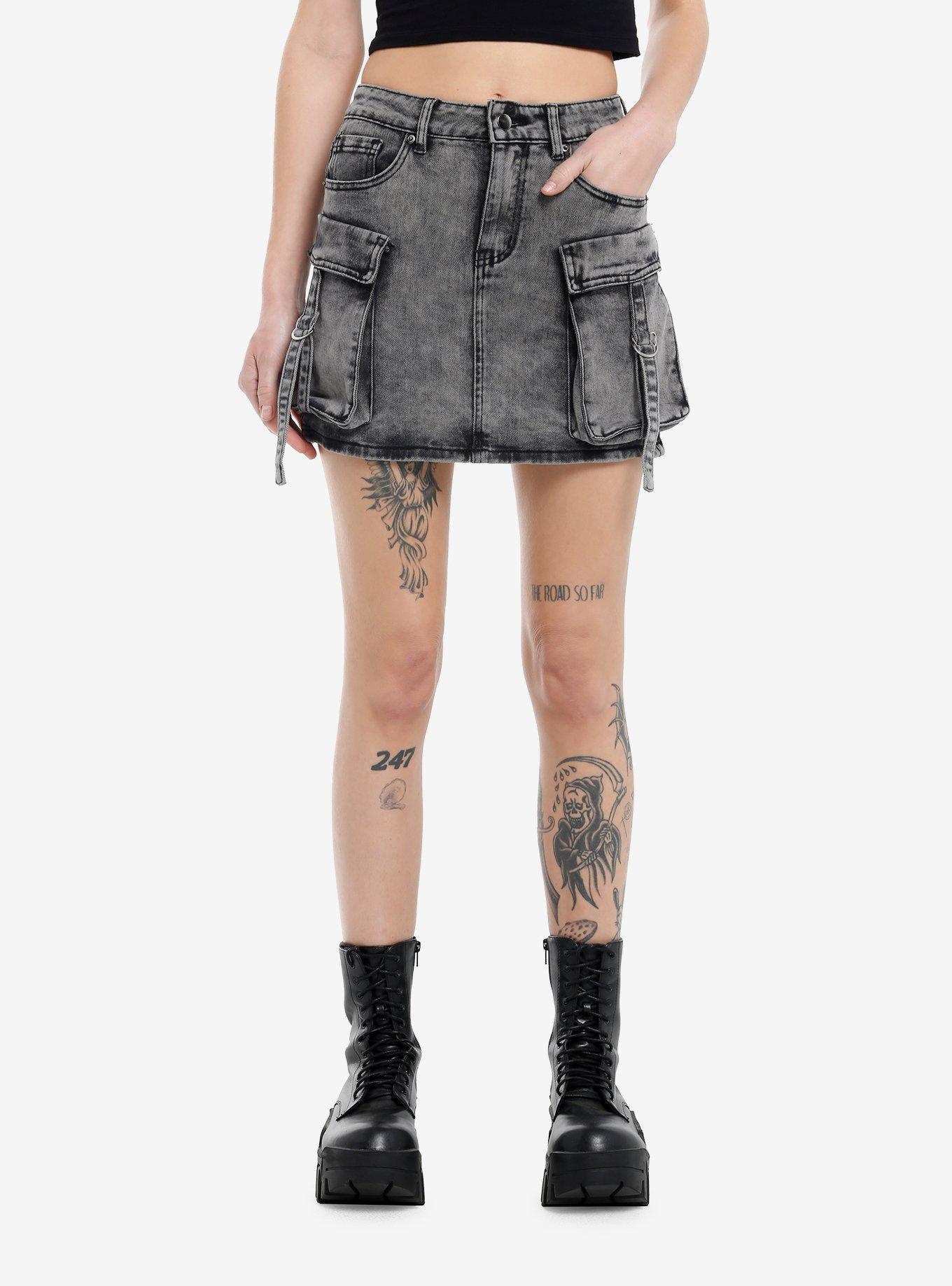 Faded Black Denim Cargo Skirt, , hi-res