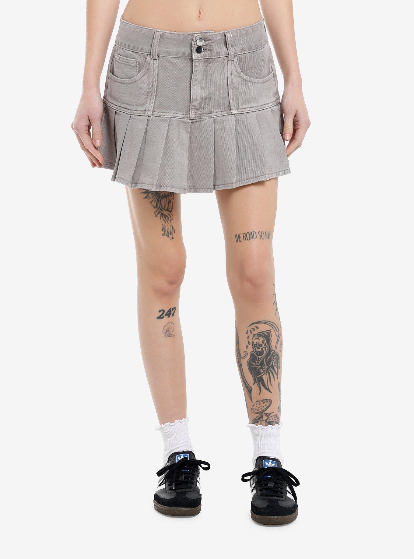 Grey Denim Pleated Mini Skirt, , hi-res