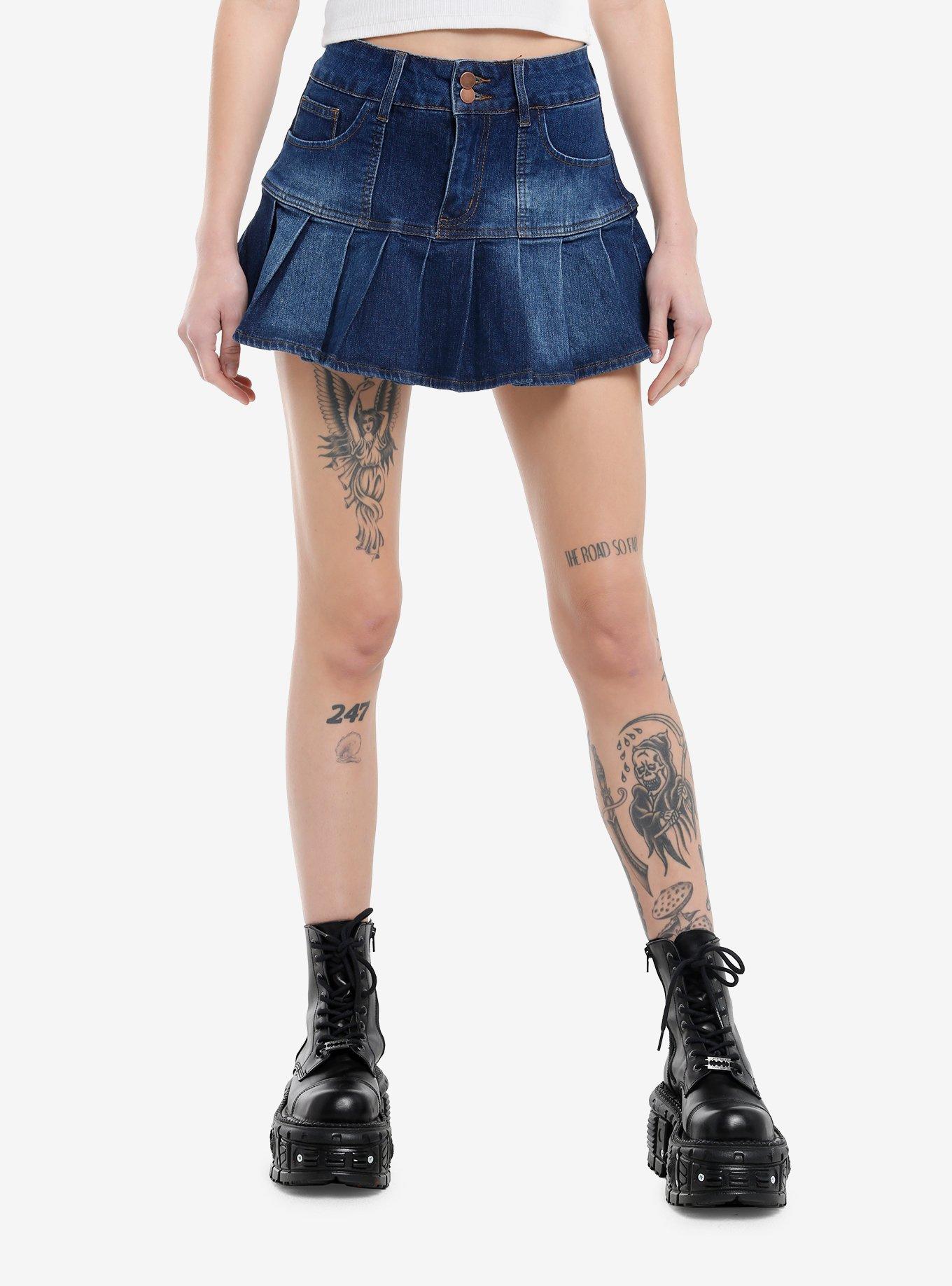 Indigo Blue Denim Pleated Mini Skirt, , hi-res