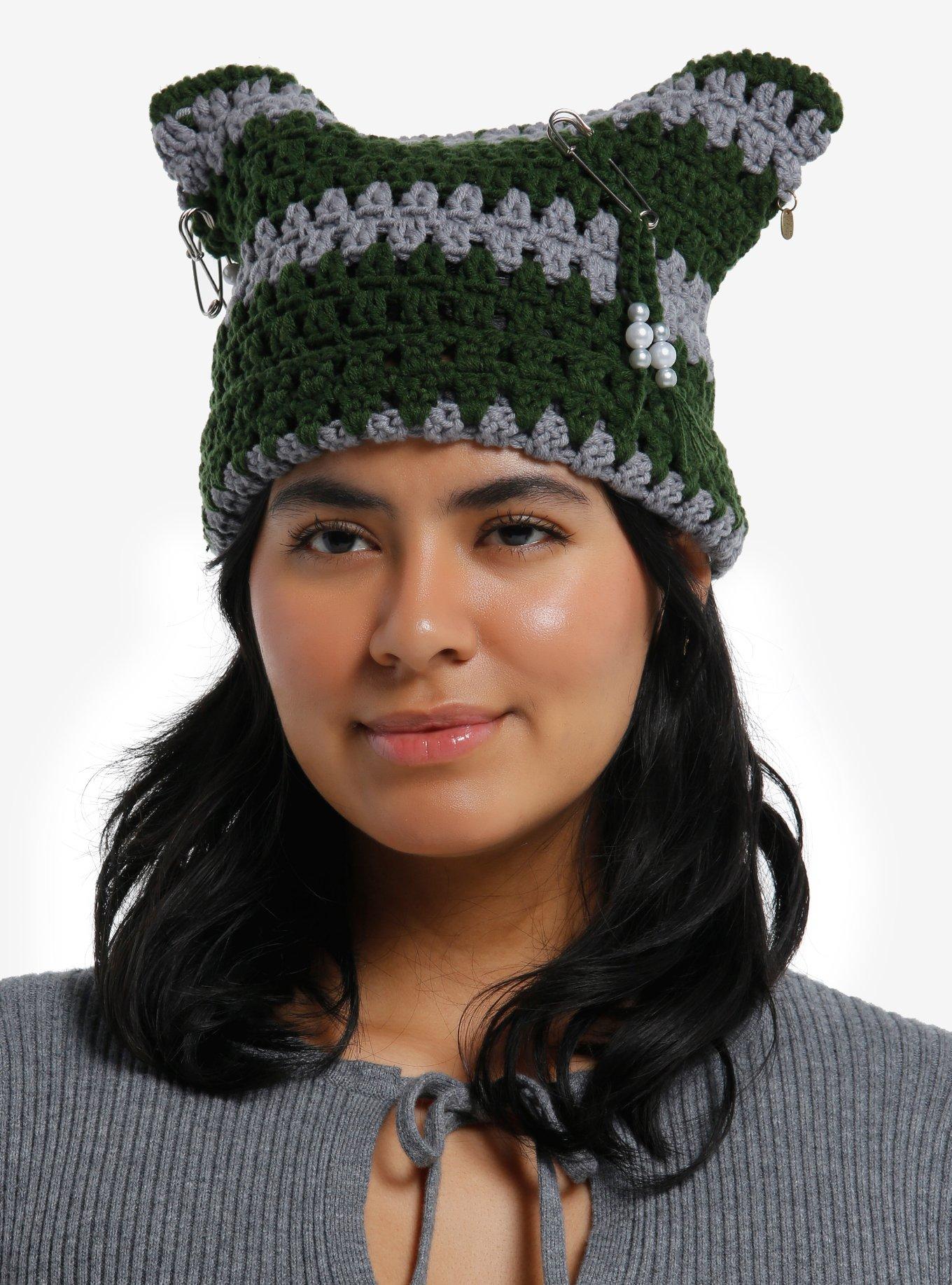 Green & Grey Pierced Bead Ear Beanie, , hi-res