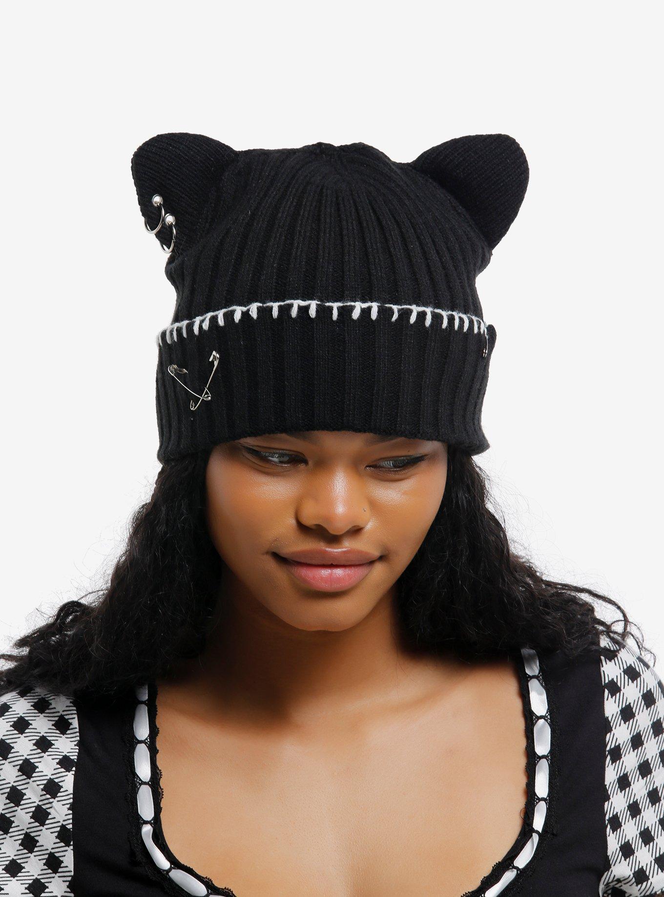 Cat Ear Safety Pin Contrast Stitch Beanie, , hi-res