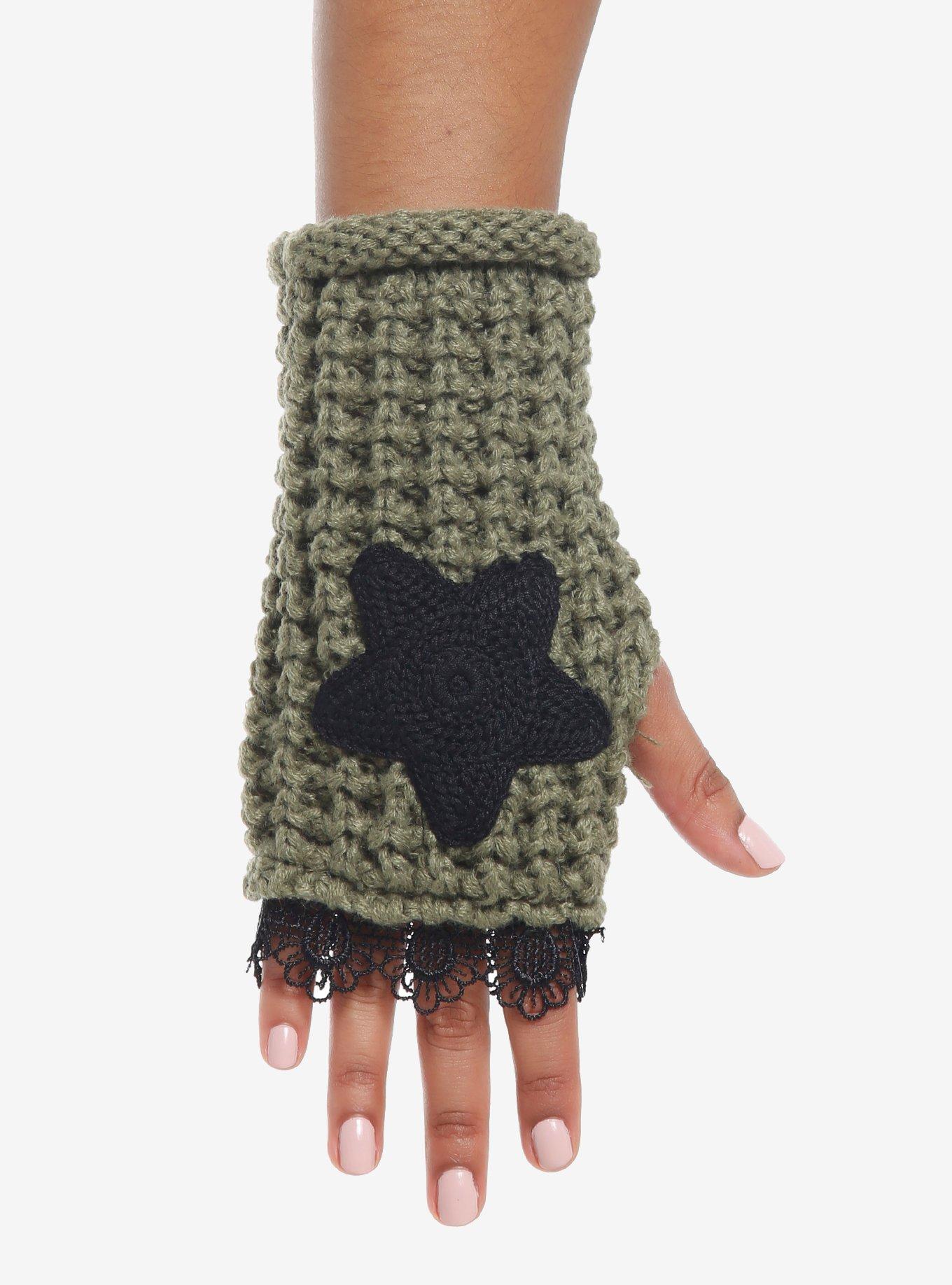 Olive Green & Black Star Crochet Fingerless Gloves, , hi-res