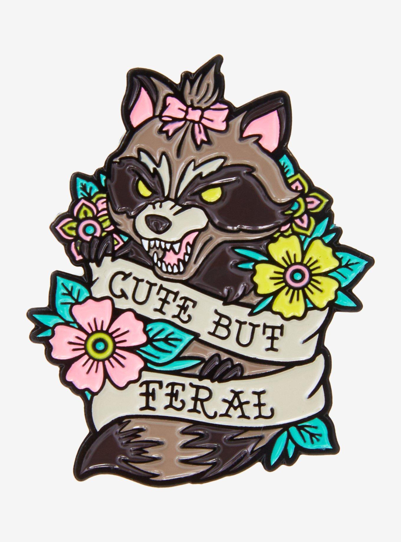 Raccoon Cute But Feral Flowers Enamel Pin, , hi-res