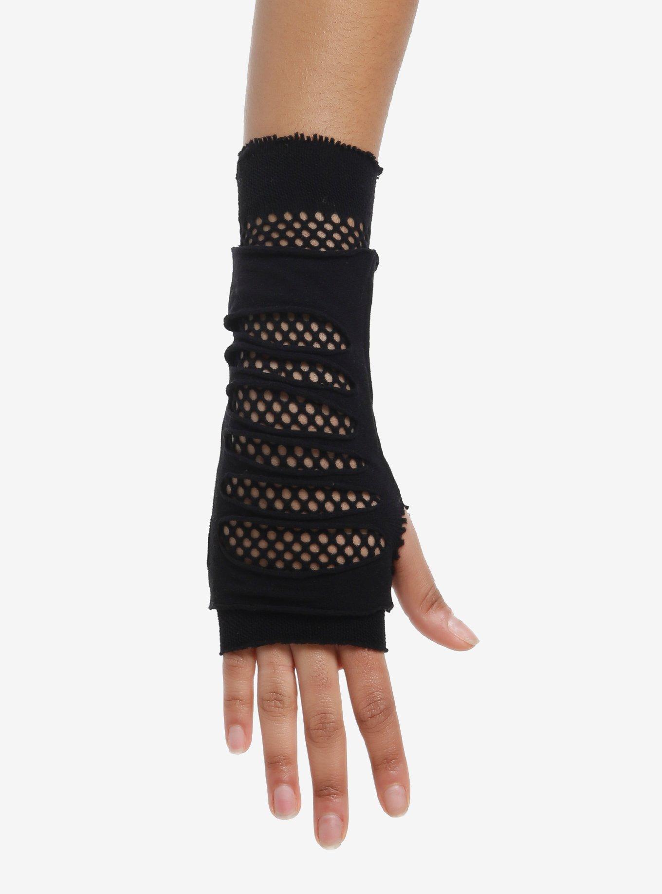 Black Fishnet Cutout Fingerless Gloves, , hi-res