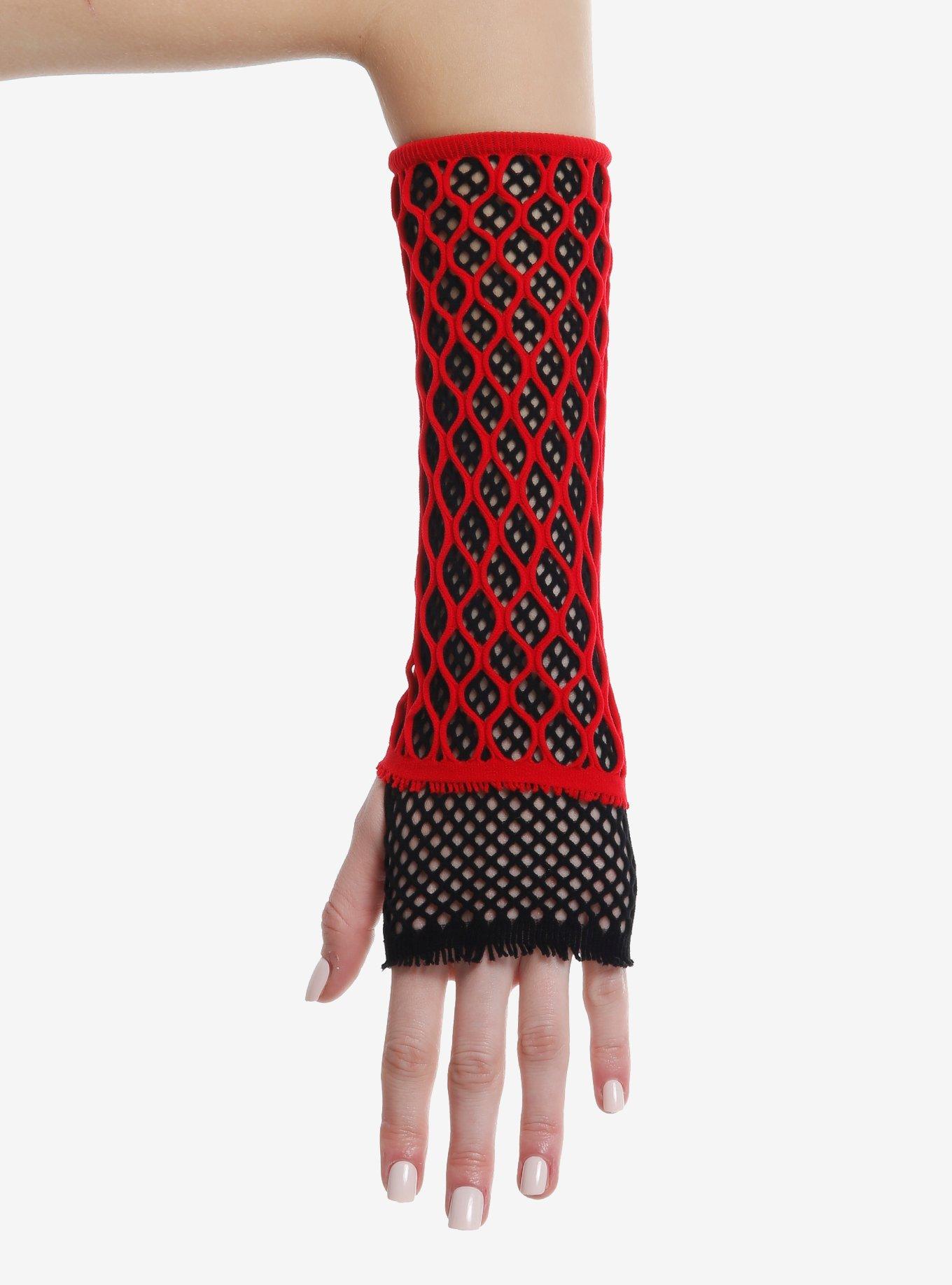 Red & Black Fishnet Layered Arm Warmers, , hi-res