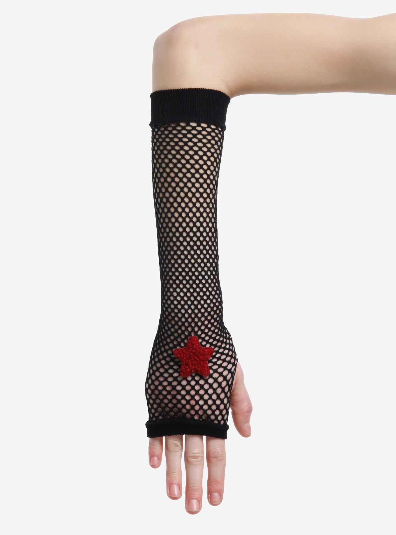 Black Fishnet Fuzzy Star Arm Warmers, , hi-res