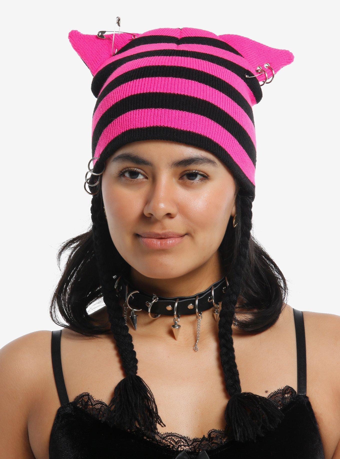 Pink & Black Stripe Safety Pin Ear Tassel Beanie, , hi-res