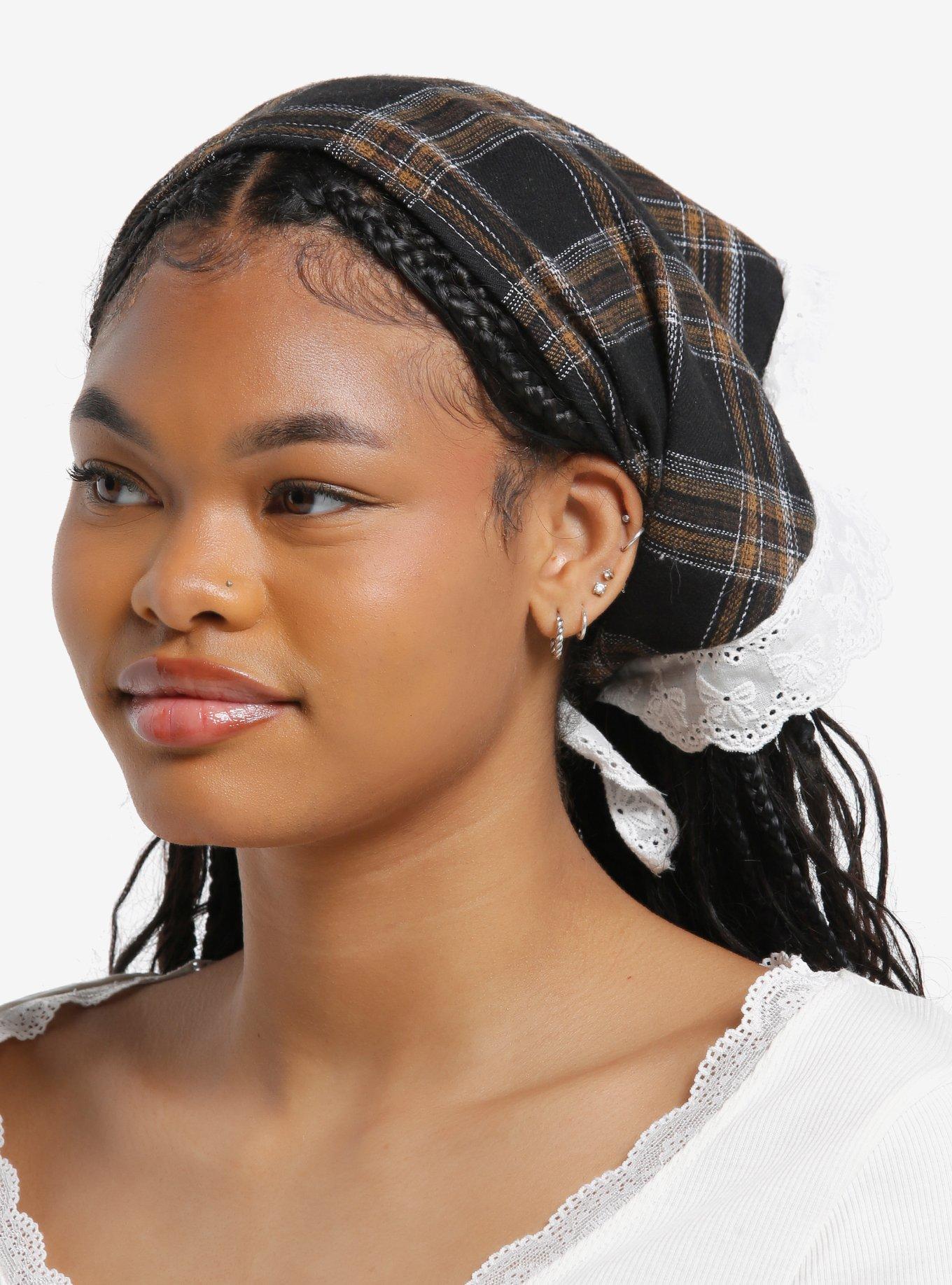 Black & Brown Plaid Eyelet Trim Hair Scarf, , hi-res