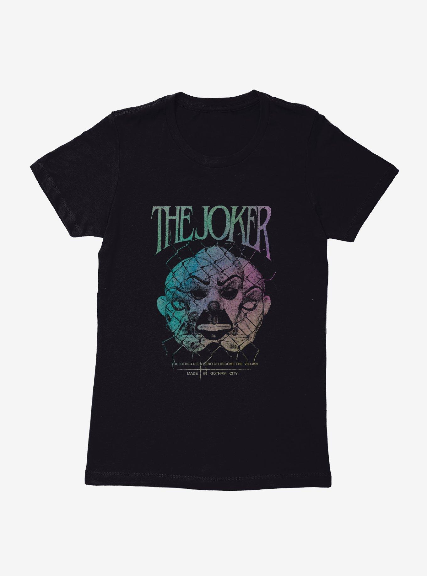 Batman The Joker Die Hero Become Villain Womens T-Shirt, BLACK, hi-res