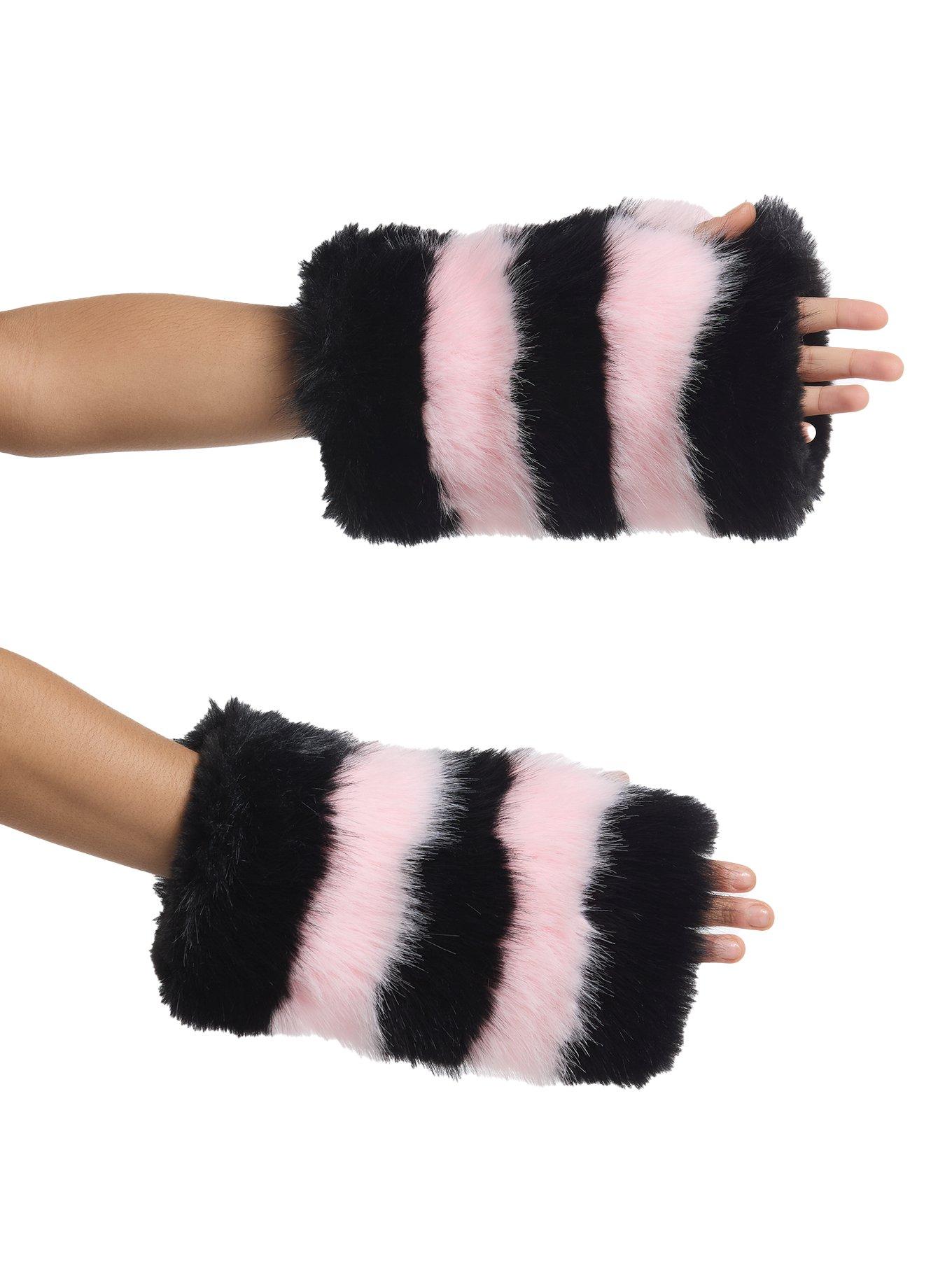 Pink & Black Stripe Fuzzy Fingerless Gloves, , hi-res