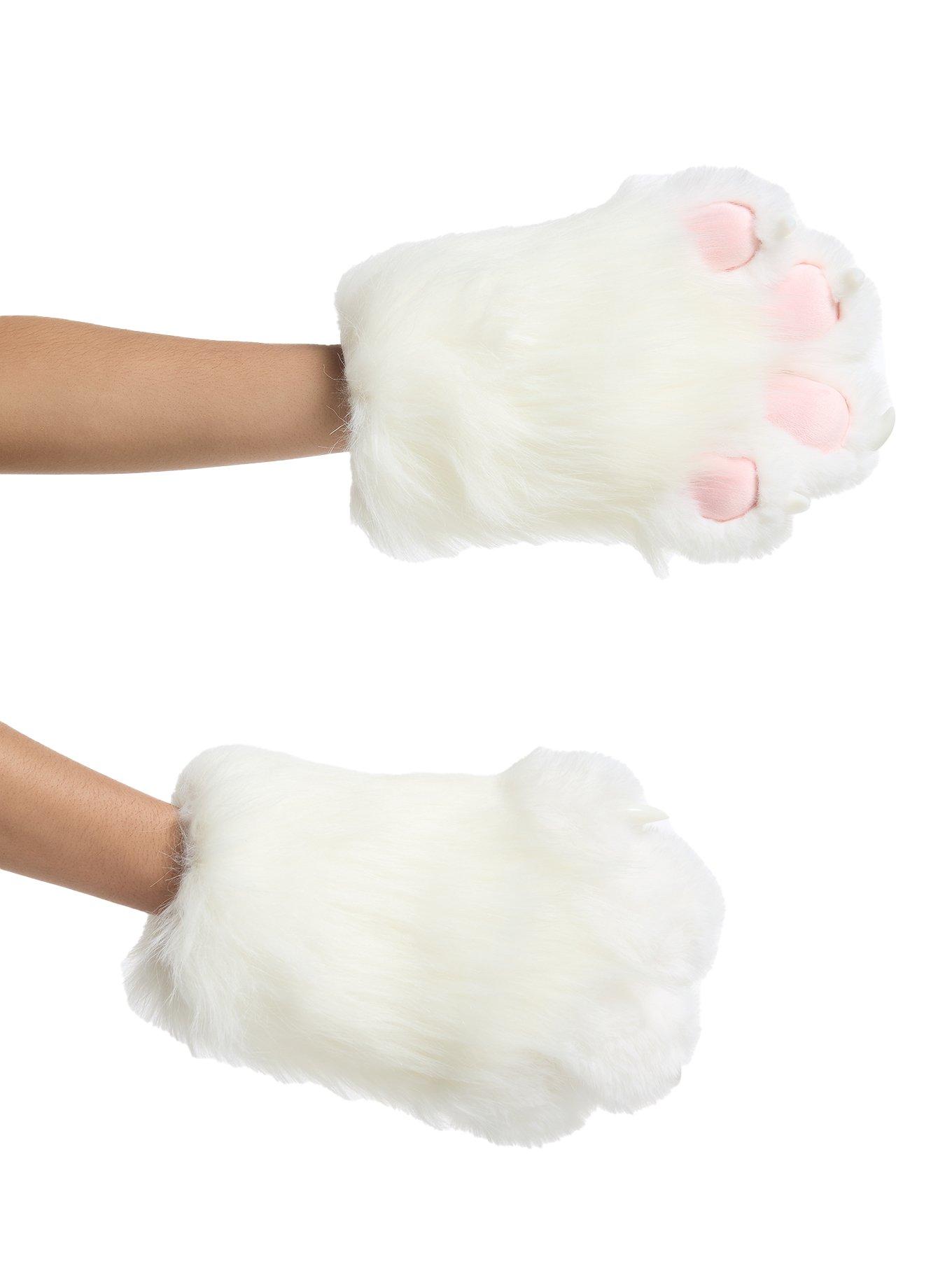 White Fuzzy Paw Gloves, , hi-res