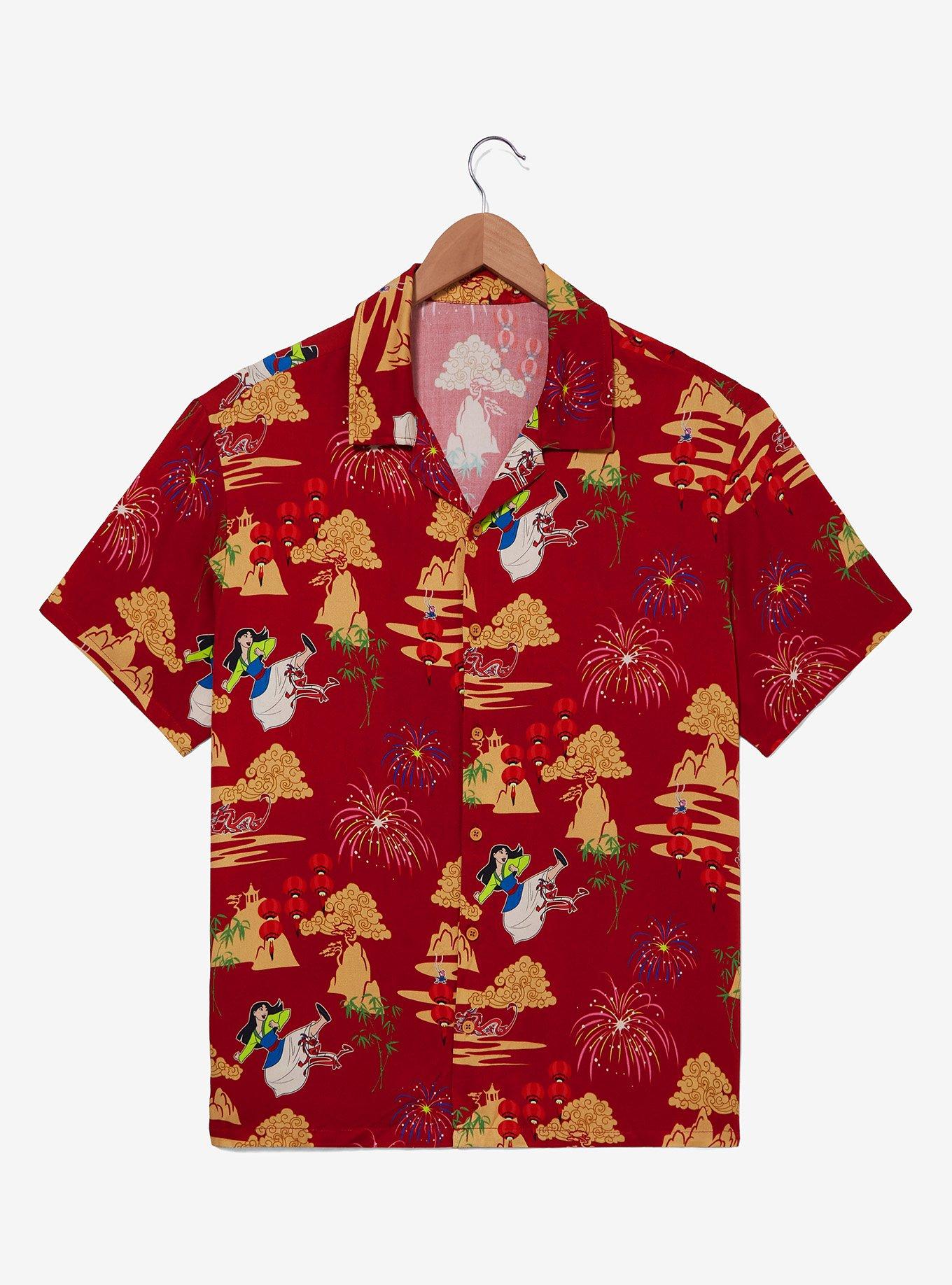 Disney Mulan Fireworks Red Scenic Woven Button-Up &mdash; BoxLunch Exclusive, RED, hi-res