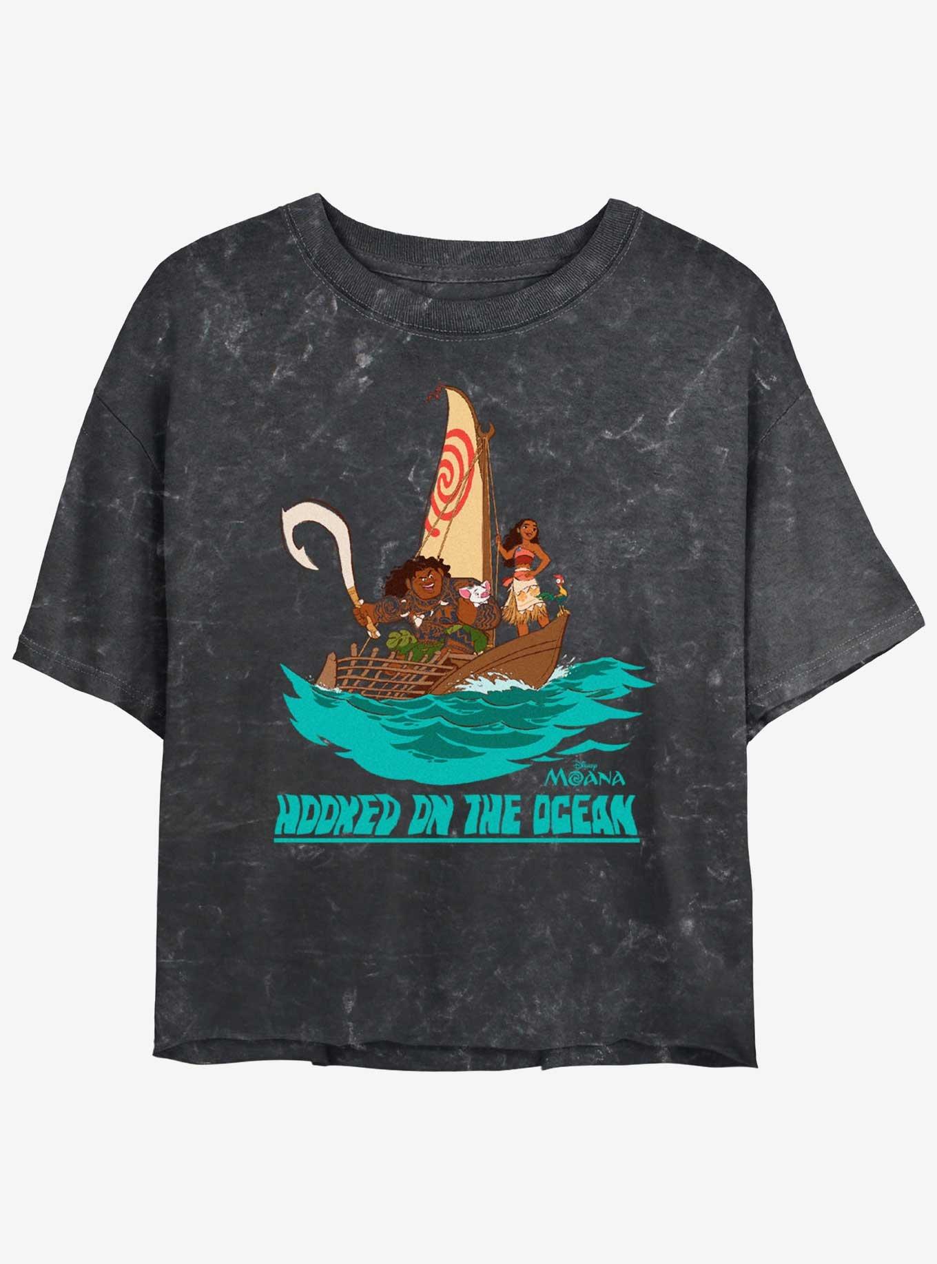 Disney Moana Hooked On The Ocean Womens Mineral Wash Crop T-Shirt, BLACK, hi-res