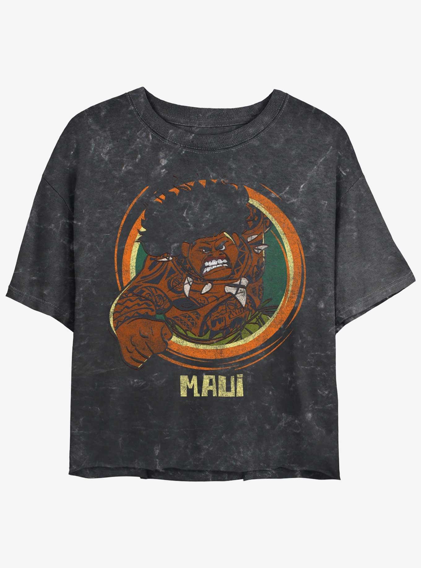 Disney Moana Tribal War Maui Womens Mineral Wash Crop T-Shirt, BLACK, hi-res