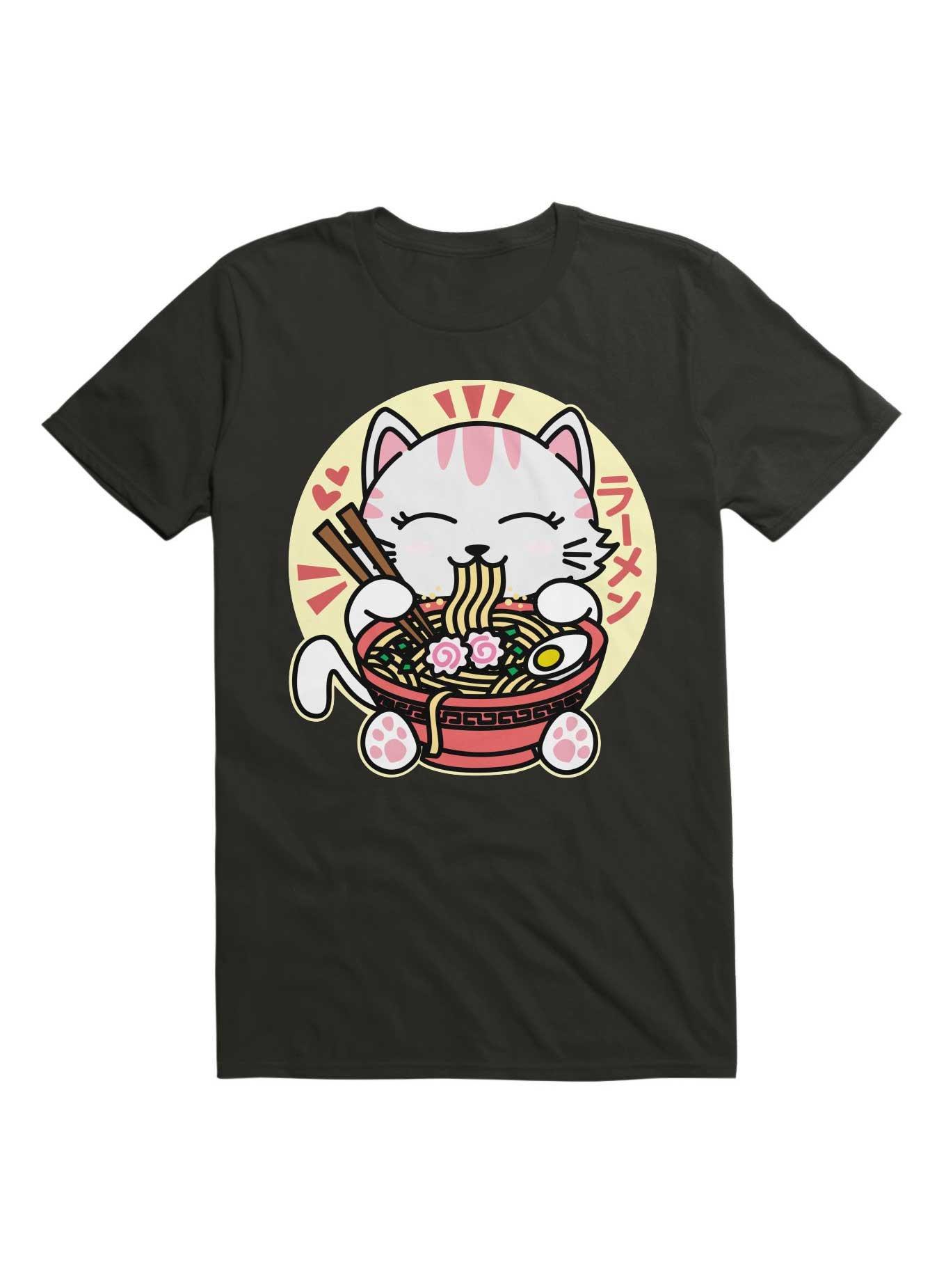 Cat Eating Ramen T-Shirt, BLACK, hi-res