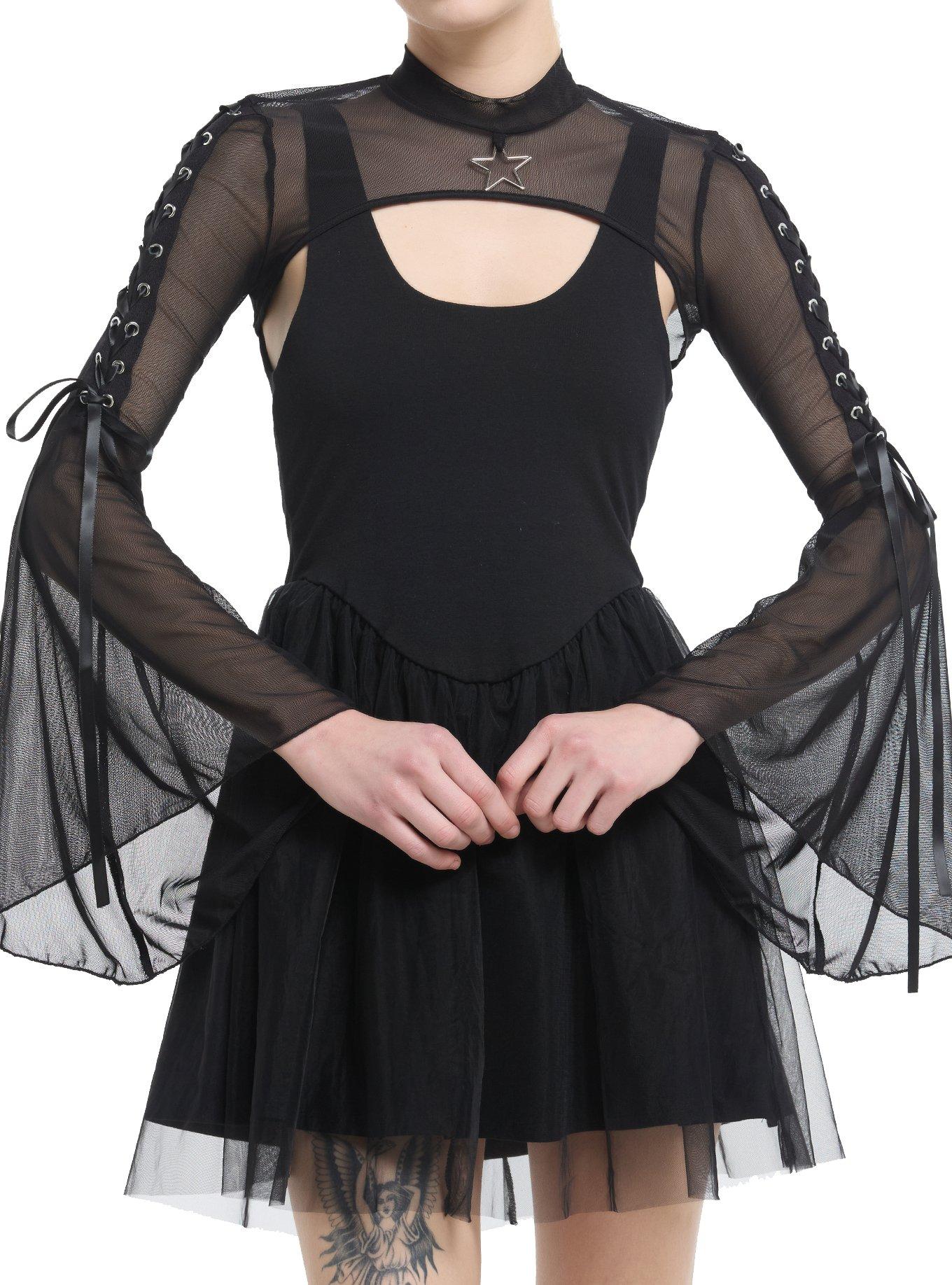 Cosmic Aura Black Mesh Star Lace-Up Bell Sleeve Bolero Girls Crop Shrug, , hi-res